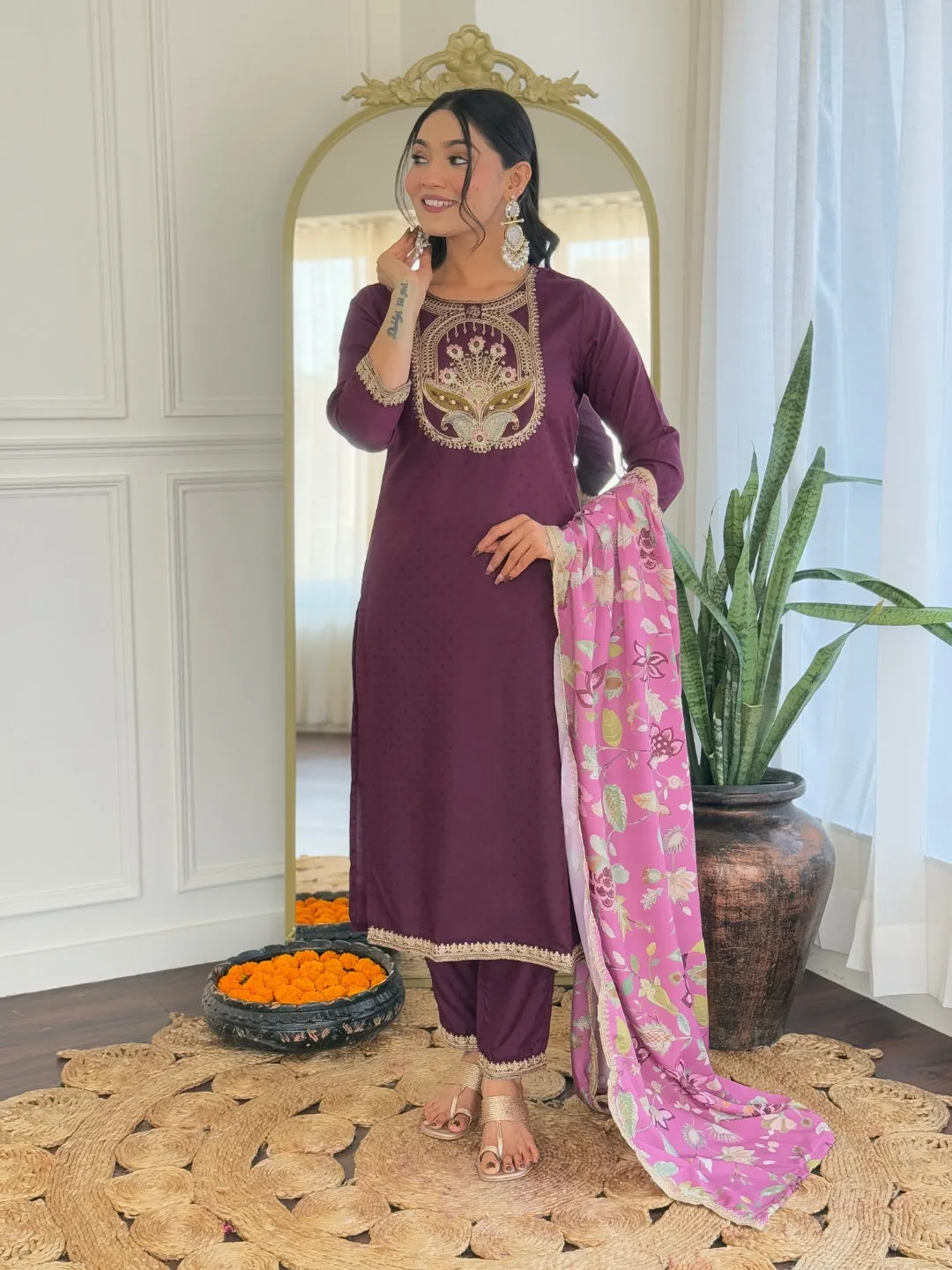 FRILLFIT : Maroon Embroidered Salwar Suit with Floral Dupatta