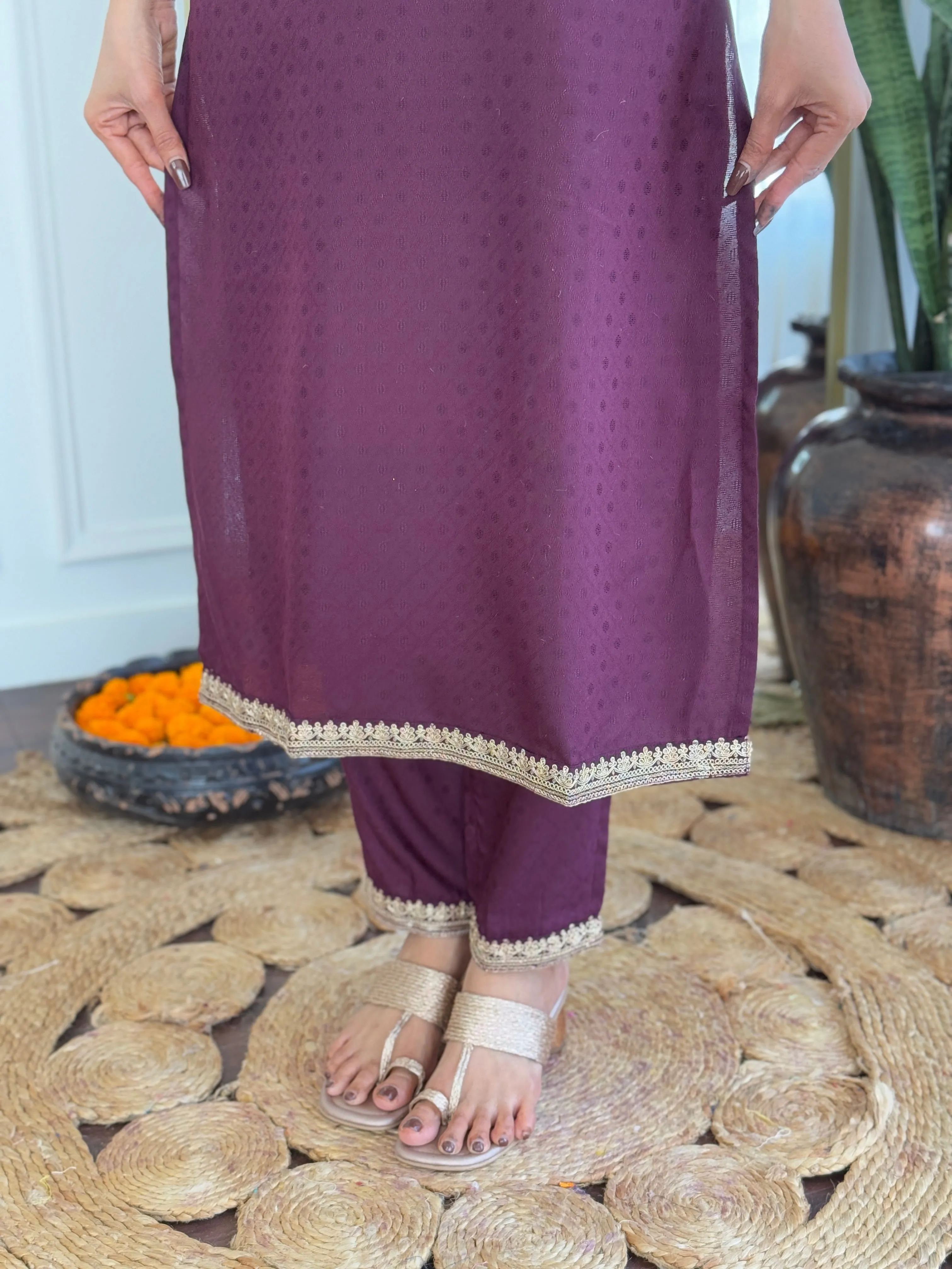 FRILLFIT : Maroon Embroidered Salwar Suit with Floral Dupatta