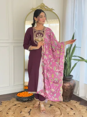 FRILLFIT : Maroon Embroidered Salwar Suit with Floral Dupatta
