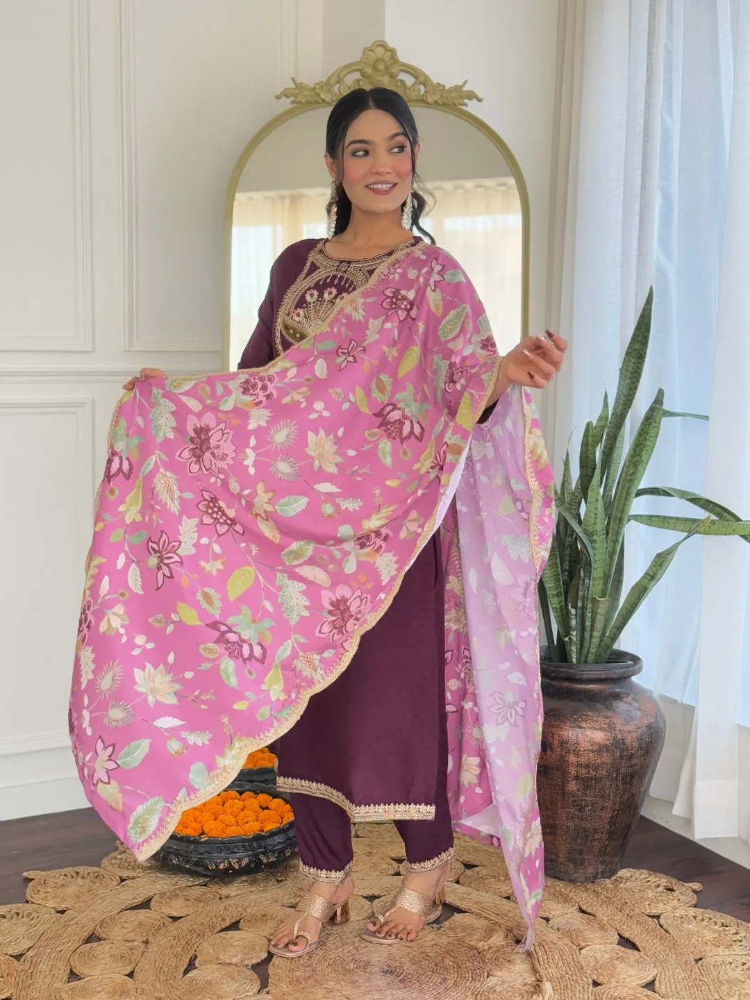 FRILLFIT : Maroon Embroidered Salwar Suit with Floral Dupatta
