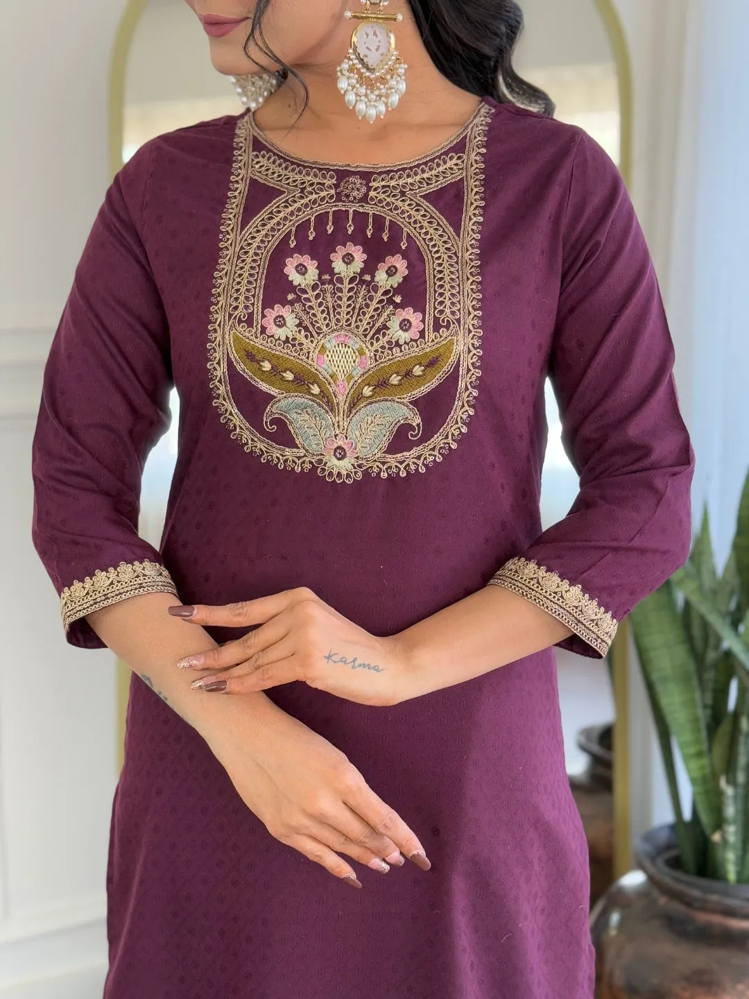 FRILLFIT : Maroon Embroidered Salwar Suit with Floral Dupatta