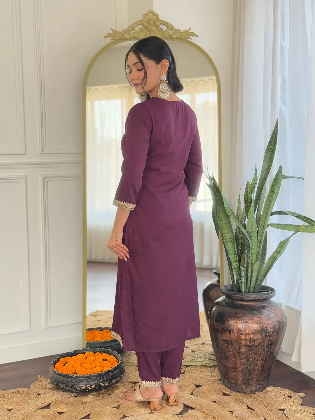 FRILLFIT : Maroon Embroidered Salwar Suit with Floral Dupatta