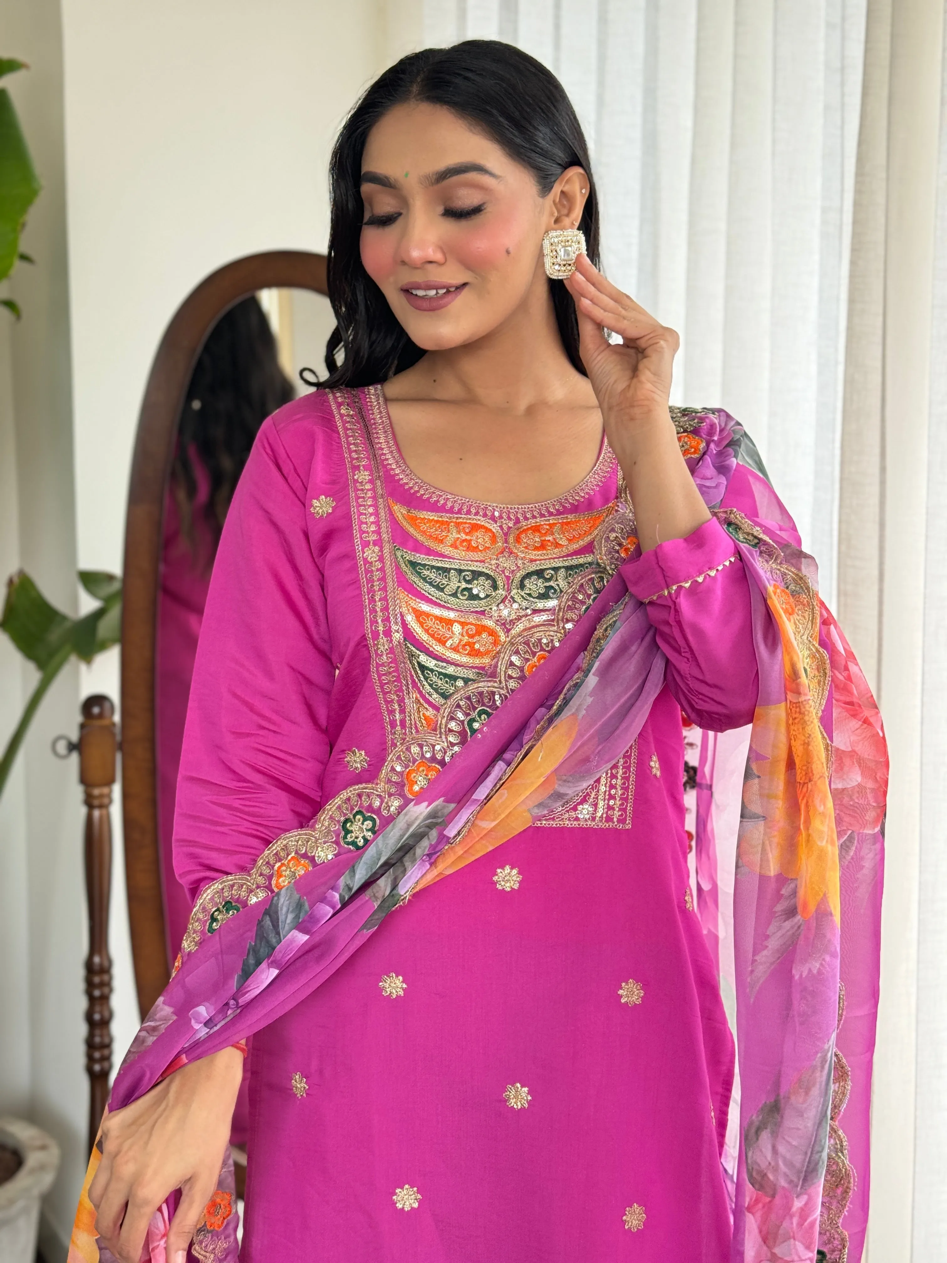 FRILLFIT : Radiant Pink Embroidered Kurta Set with Floral Dupatta – Festive &amp; Party Wear for Women