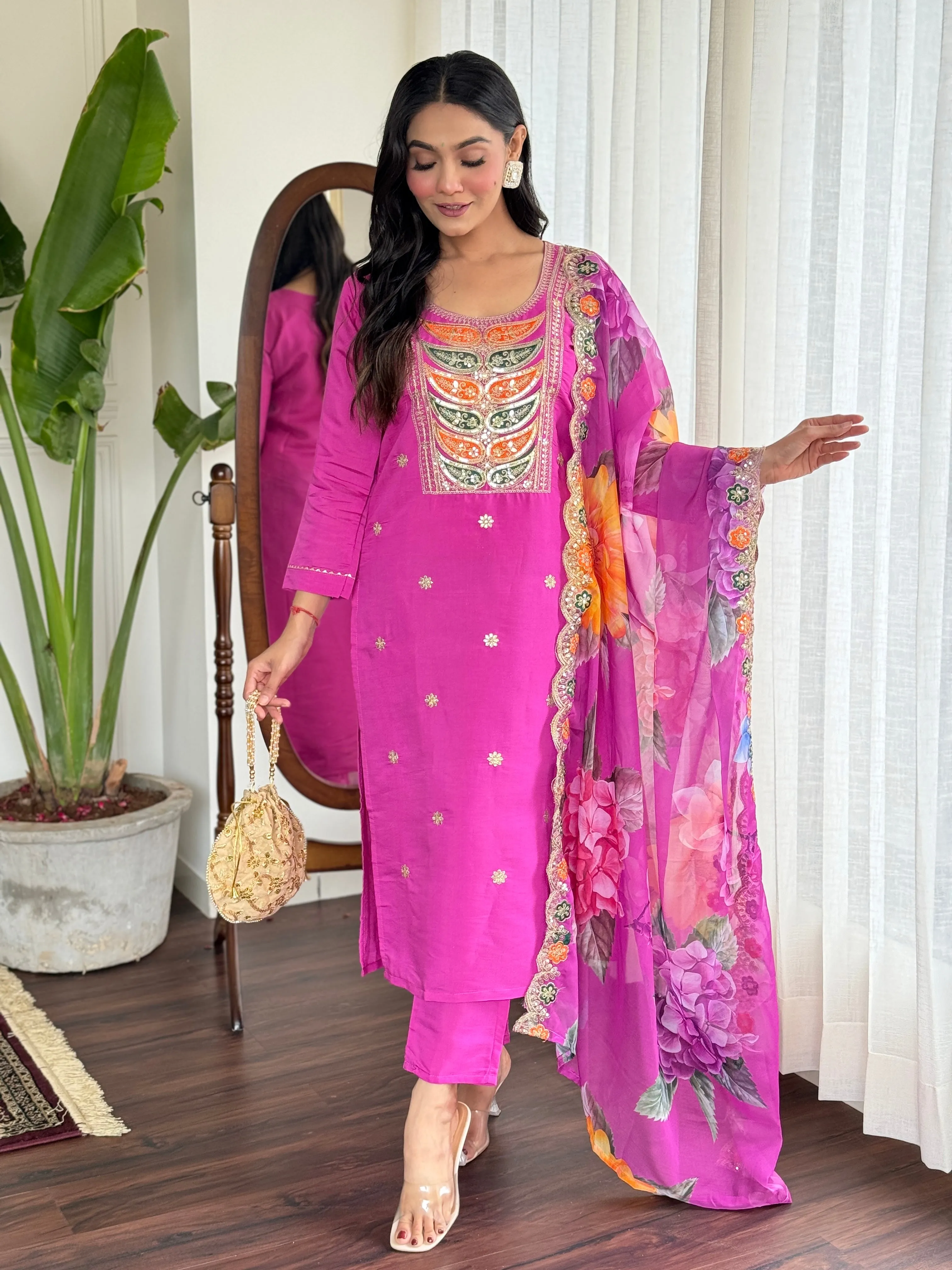 FRILLFIT : Radiant Pink Embroidered Kurta Set with Floral Dupatta – Festive &amp; Party Wear for Women