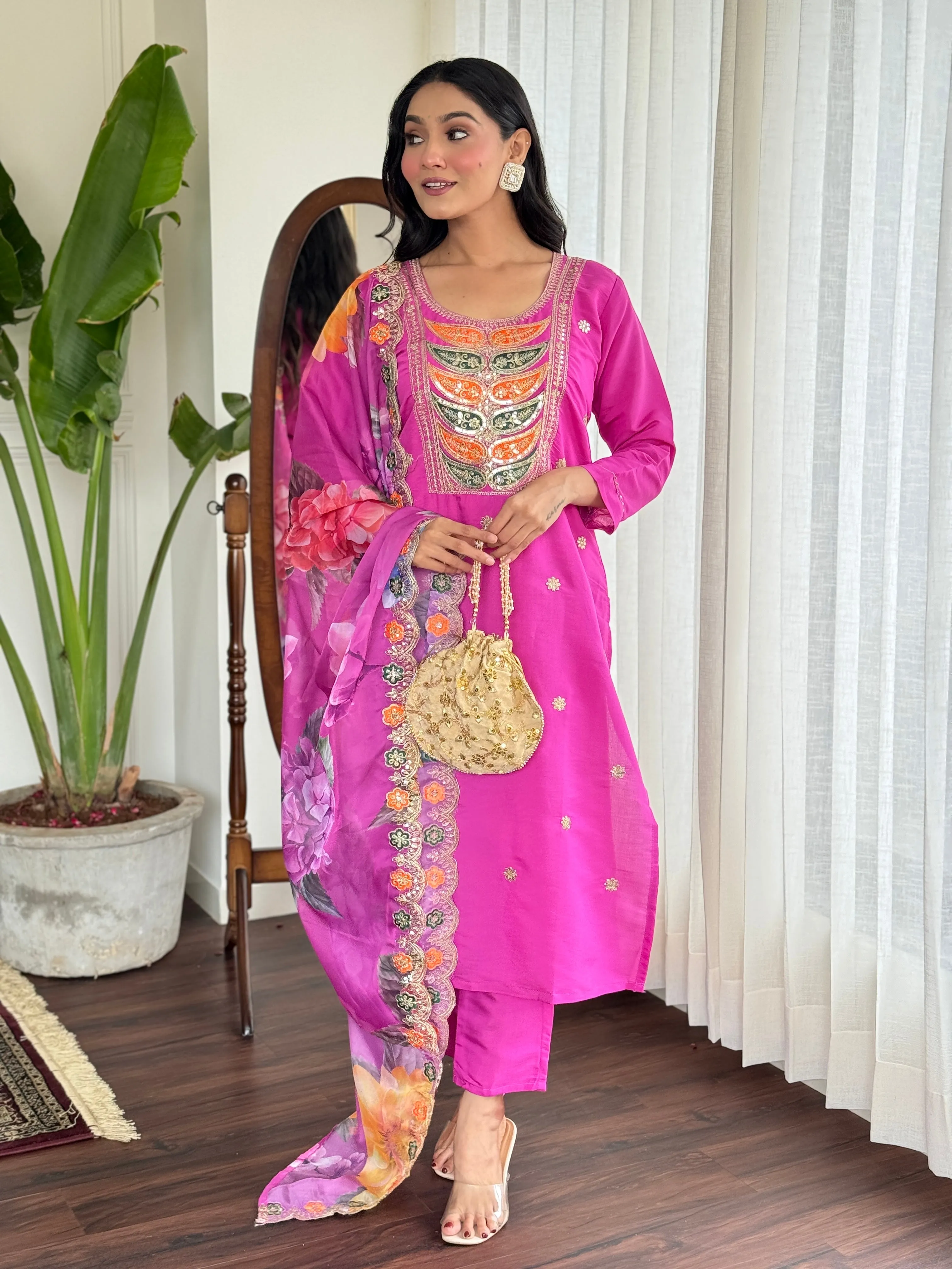 FRILLFIT : Radiant Pink Embroidered Kurta Set with Floral Dupatta – Festive &amp; Party Wear for Women