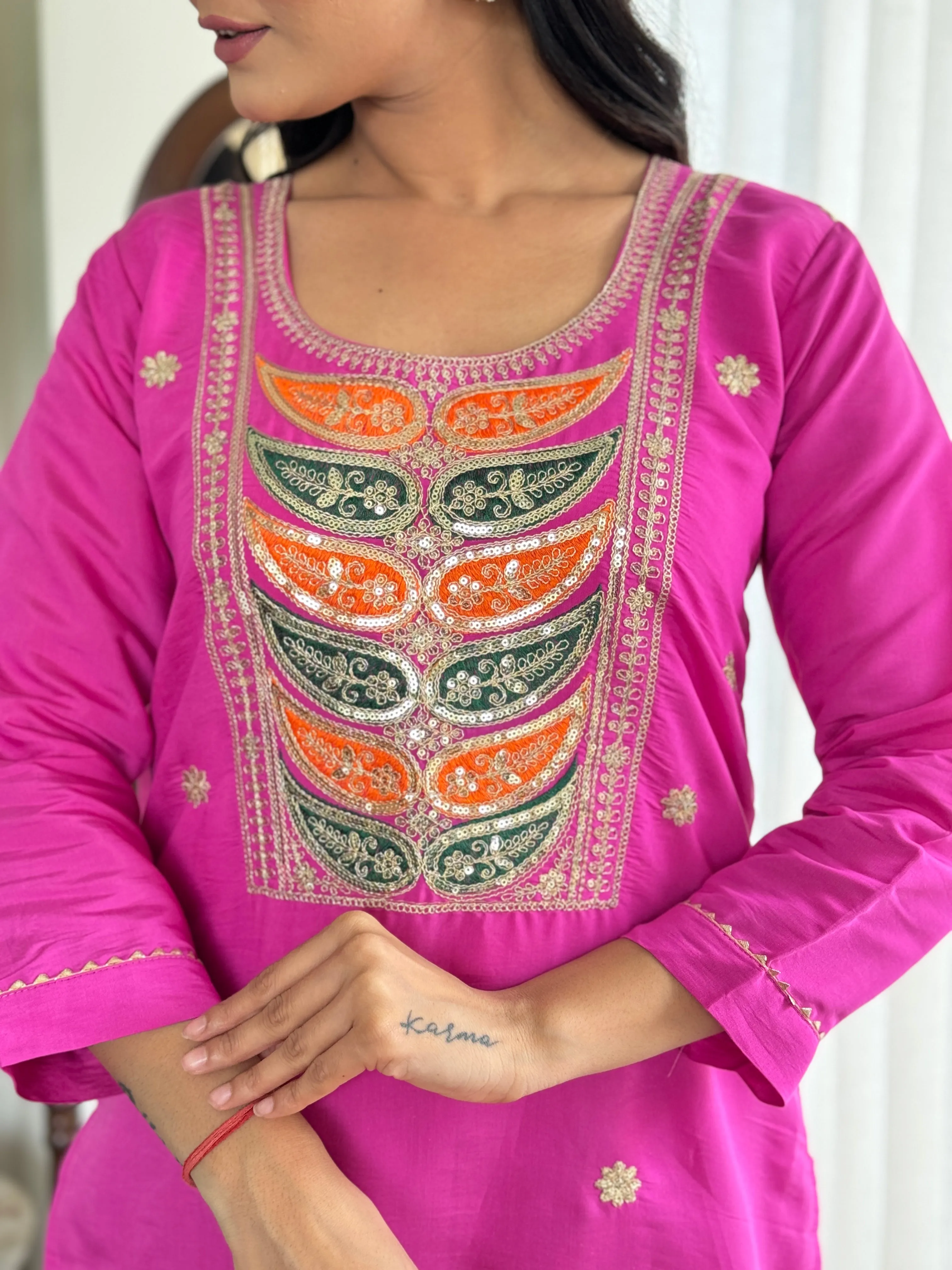 FRILLFIT : Radiant Pink Embroidered Kurta Set with Floral Dupatta – Festive &amp; Party Wear for Women