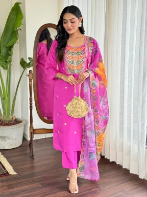 FRILLFIT : Radiant Pink Embroidered Kurta Set with Floral Dupatta – Festive &amp; Party Wear for Women