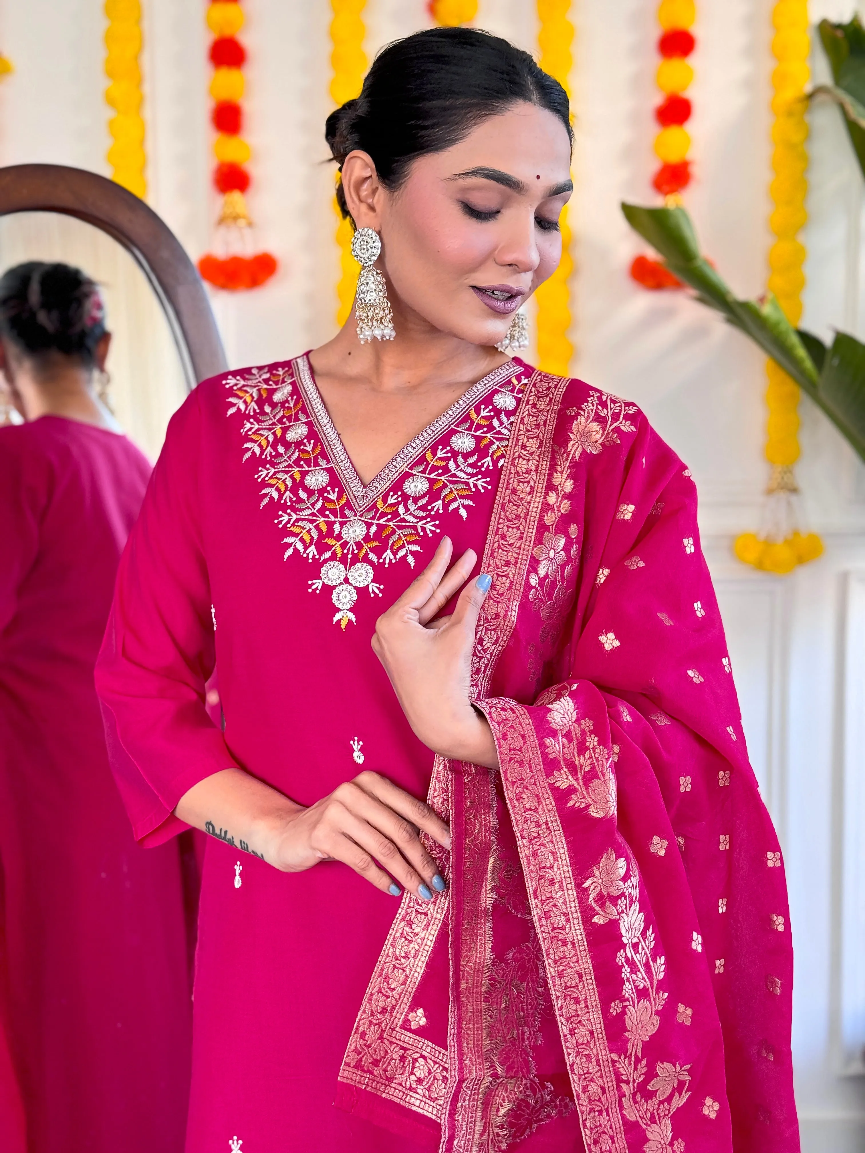 FRILLFIT : Rani Pink Embroidered Suit Set with Floral Organza Dupatta