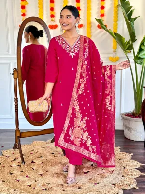 FRILLFIT : Rani Pink Embroidered Suit Set with Floral Organza Dupatta