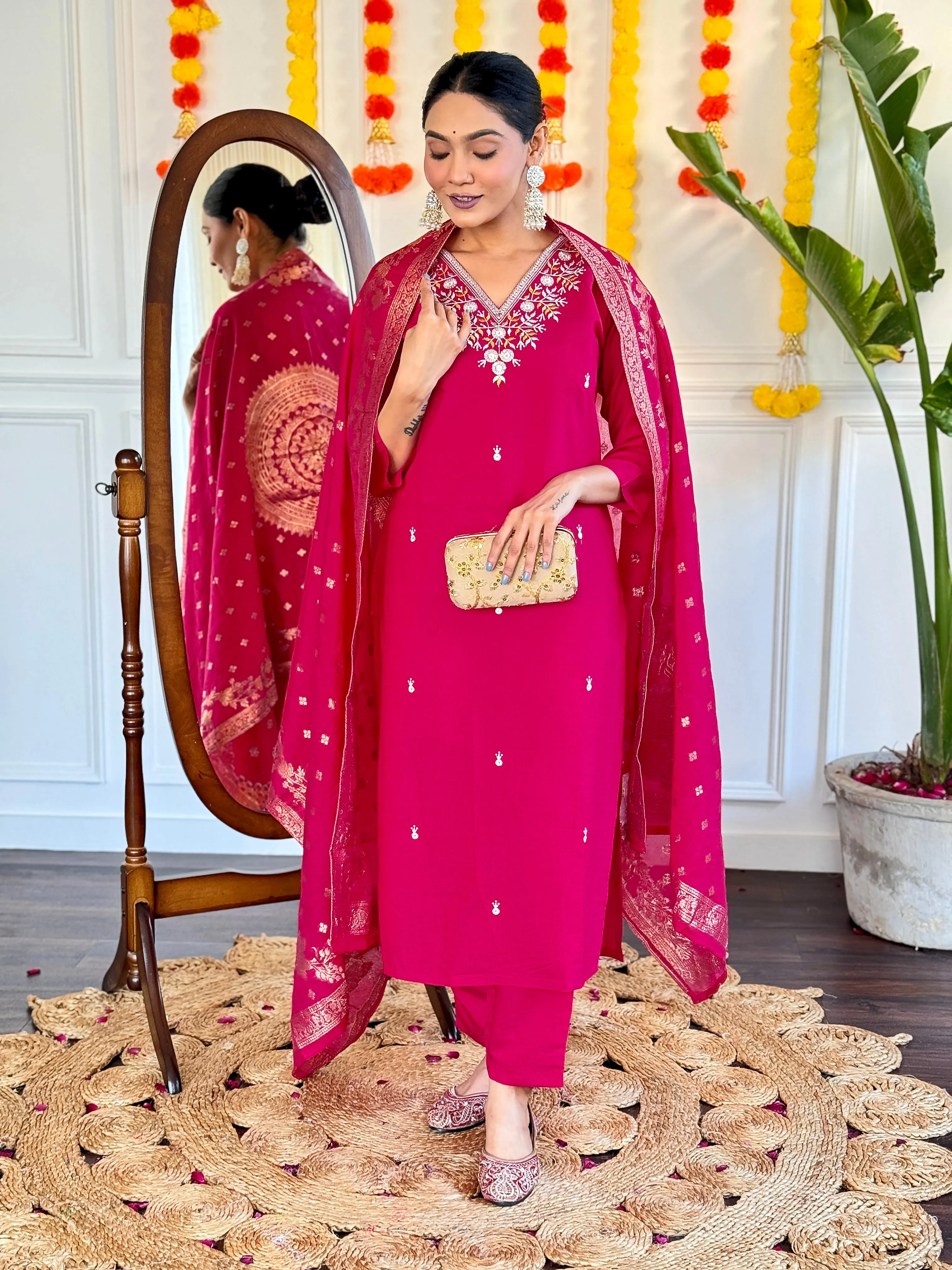 FRILLFIT : Rani Pink Embroidered Suit Set with Floral Organza Dupatta