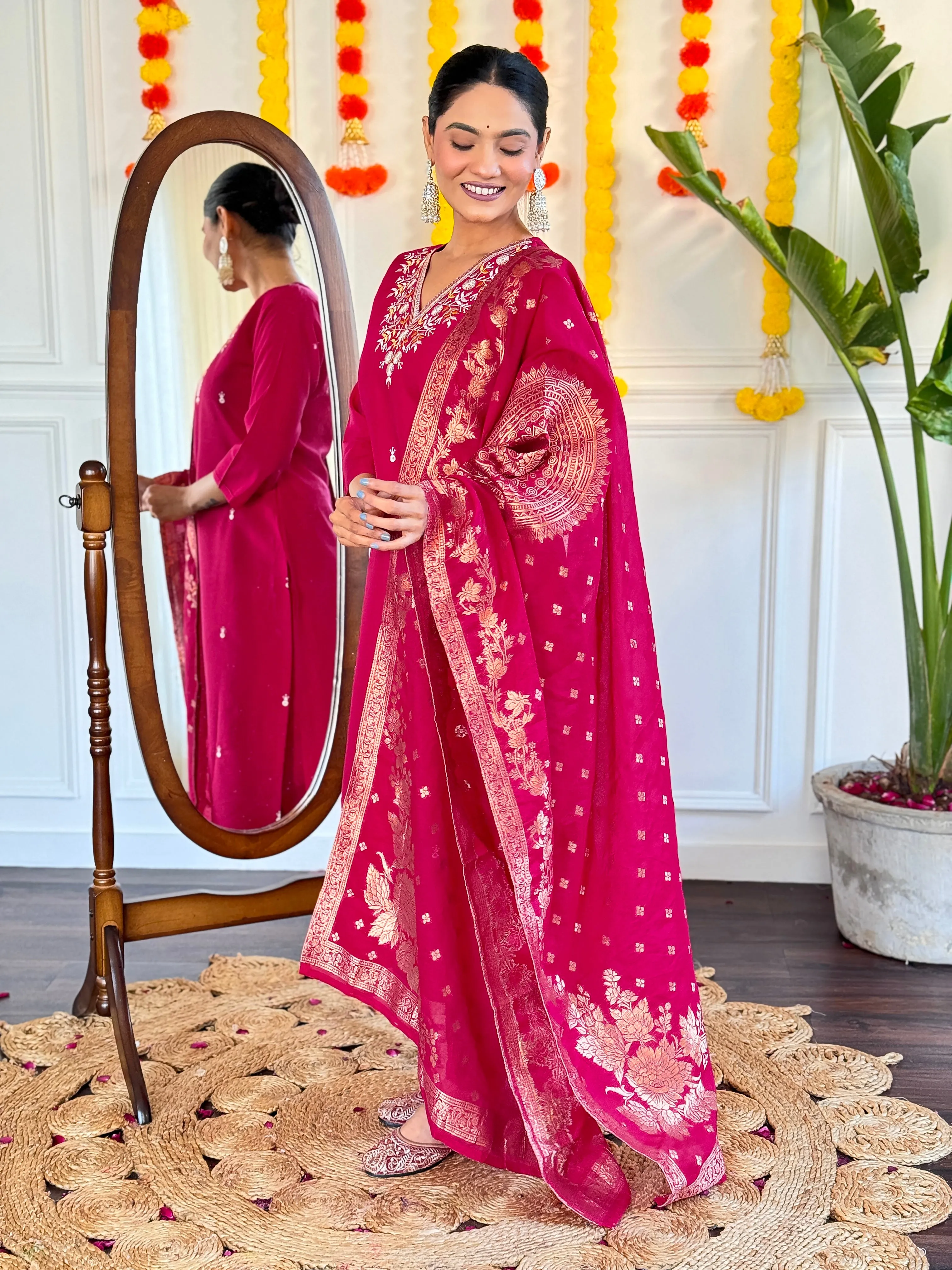 FRILLFIT : Rani Pink Embroidered Suit Set with Floral Organza Dupatta