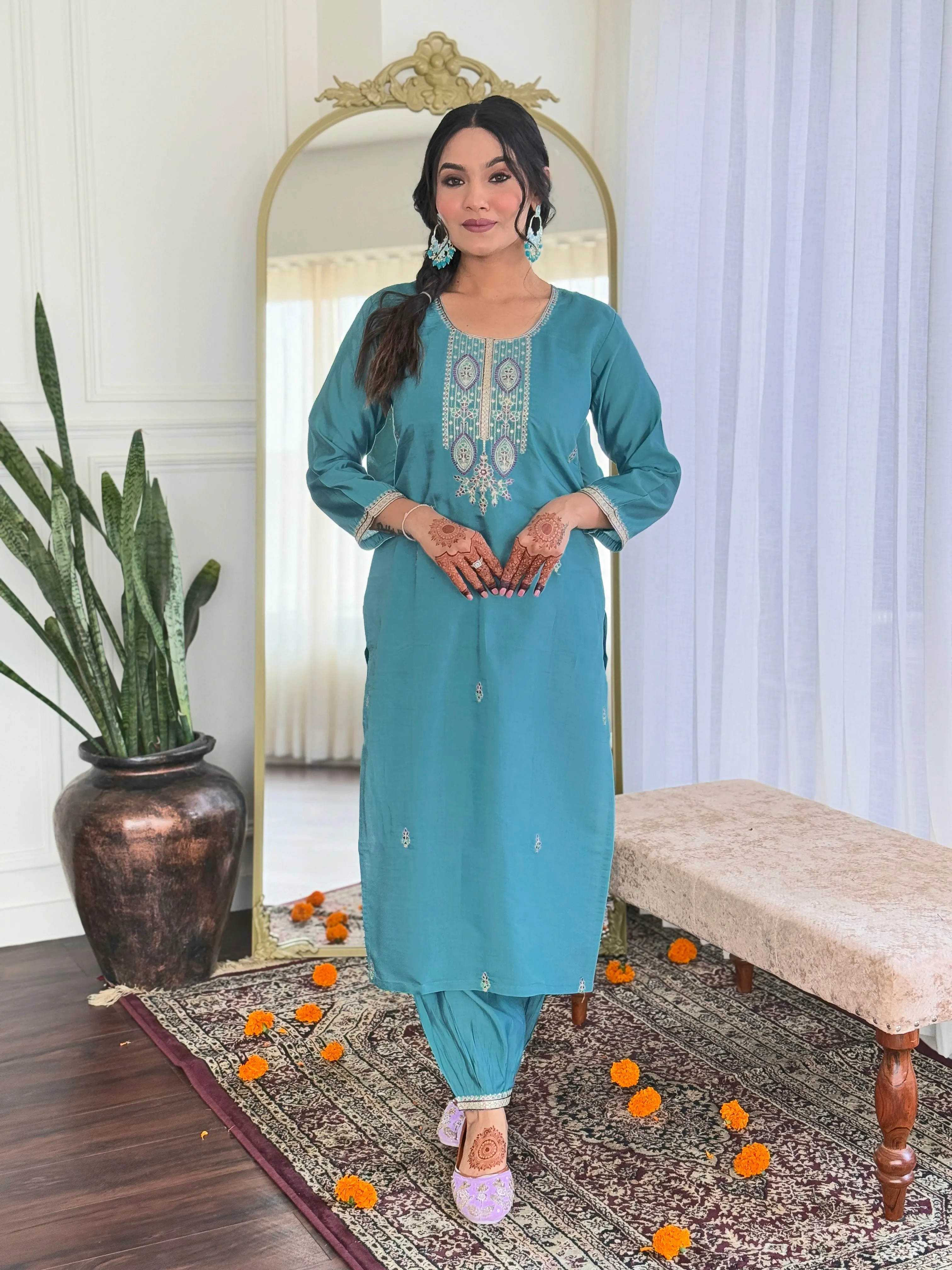 FRILLFIT : Sea Green Embroidered Kurta Set with Printed Dupatta – Elegant Ethnic Wear for Festive & Day Events