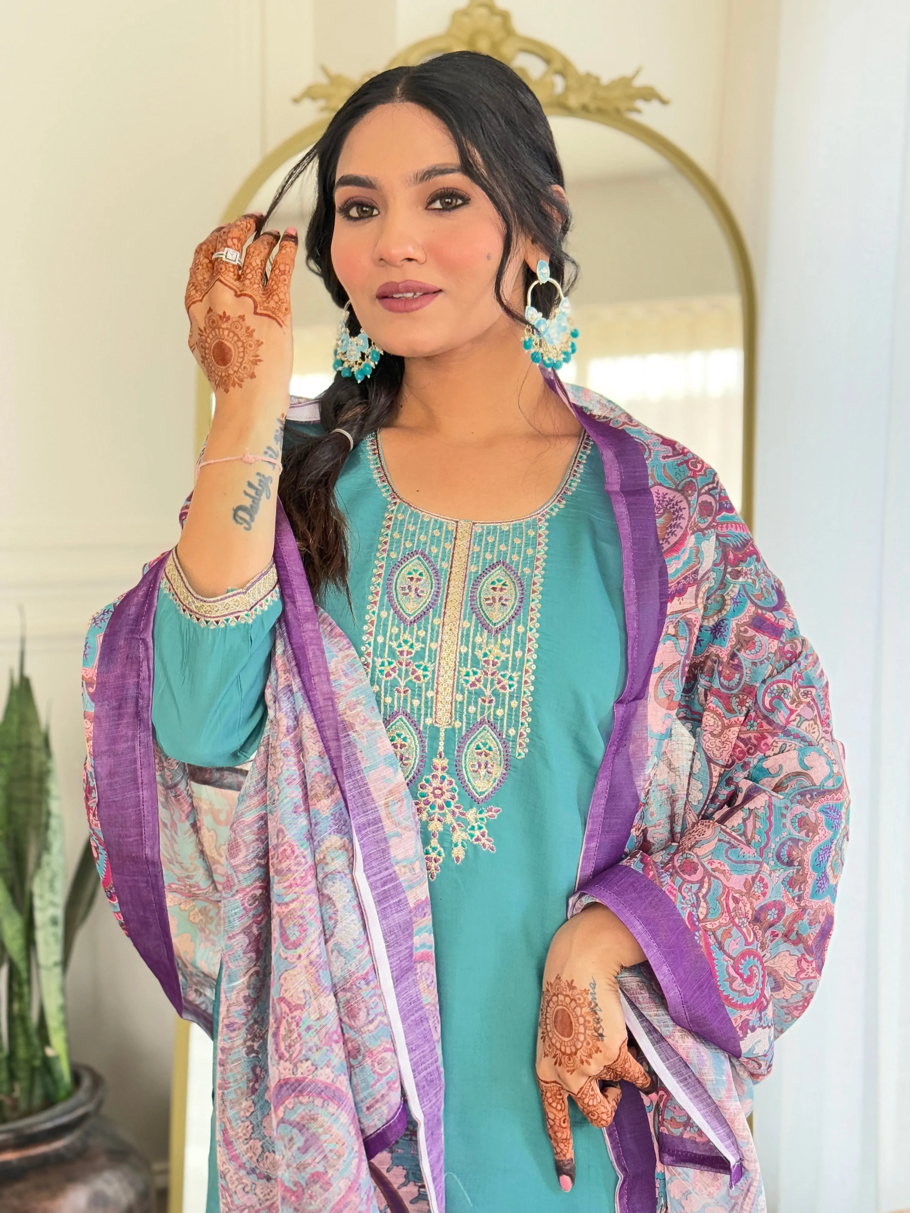 FRILLFIT : Sea Green Embroidered Kurta Set with Printed Dupatta – Elegant Ethnic Wear for Festive & Day Events