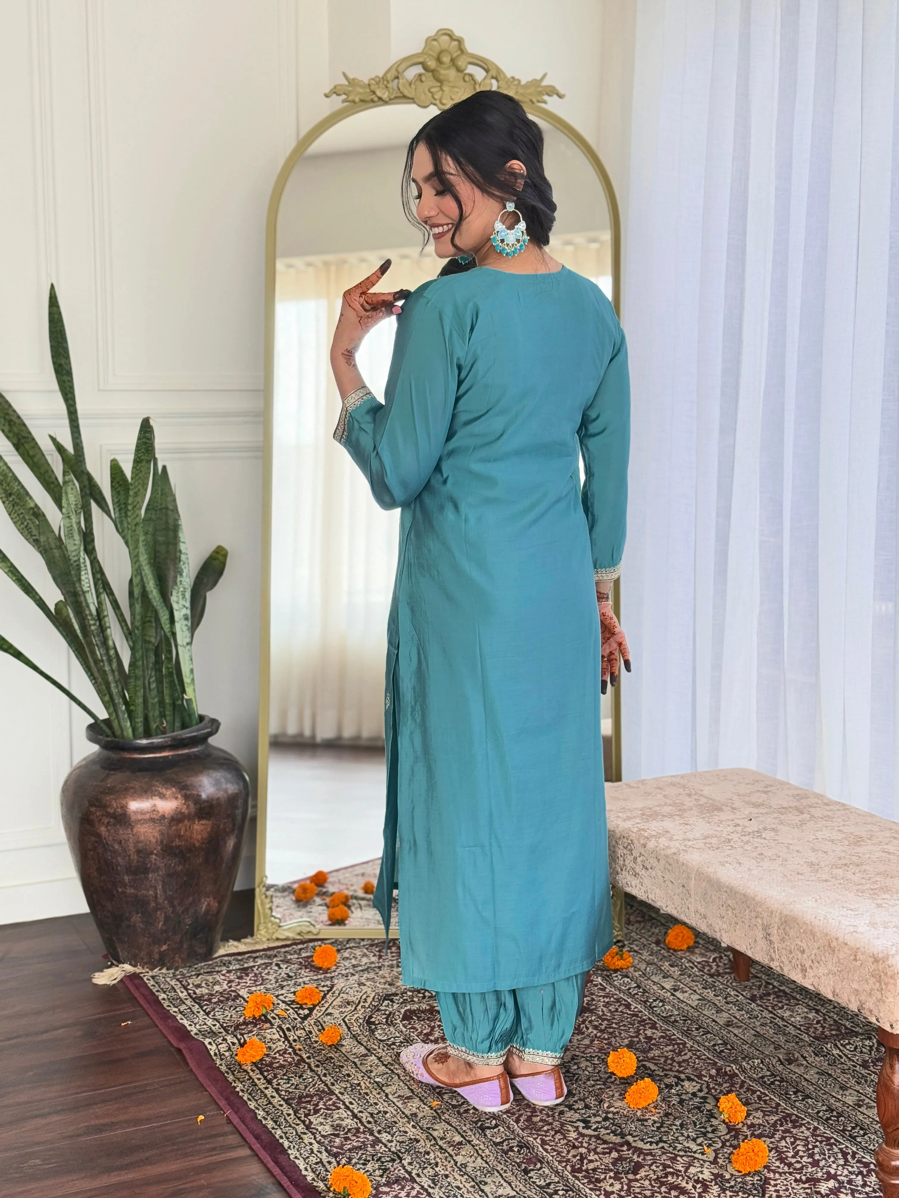 FRILLFIT : Sea Green Embroidered Kurta Set with Printed Dupatta – Elegant Ethnic Wear for Festive & Day Events