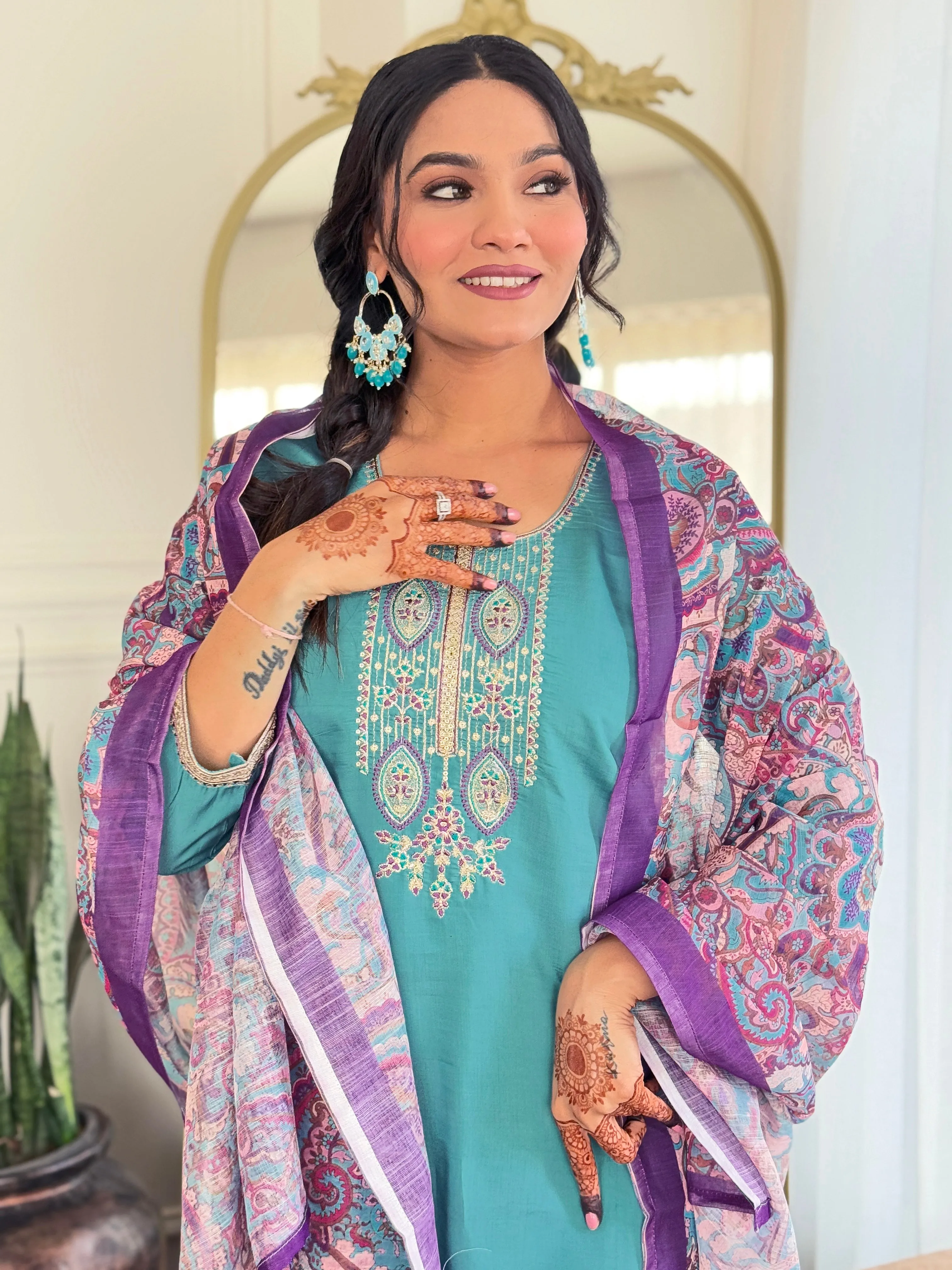 FRILLFIT : Sea Green Embroidered Kurta Set with Printed Dupatta – Elegant Ethnic Wear for Festive & Day Events