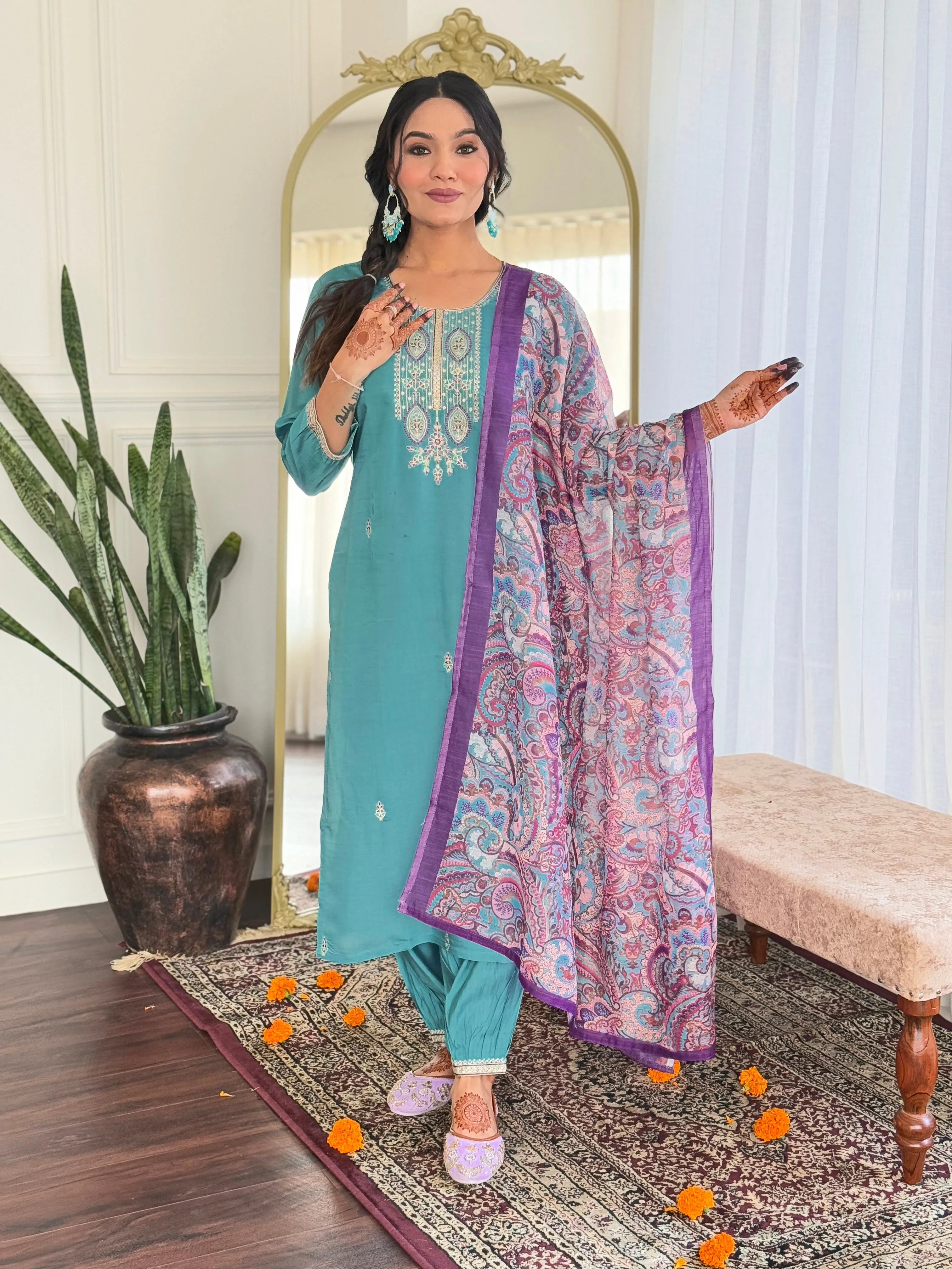 FRILLFIT : Sea Green Embroidered Kurta Set with Printed Dupatta – Elegant Ethnic Wear for Festive & Day Events
