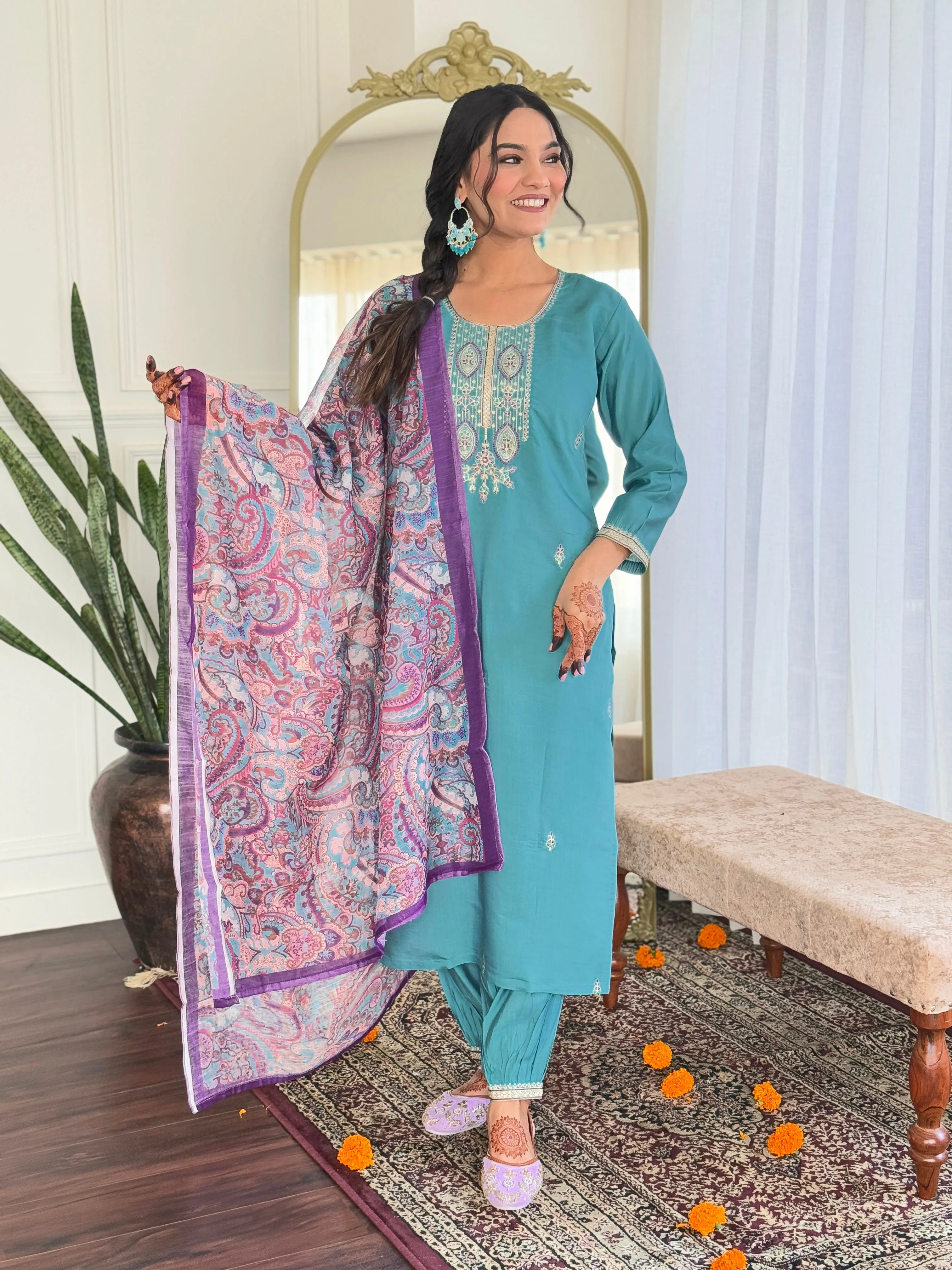 FRILLFIT : Sea Green Embroidered Kurta Set with Printed Dupatta – Elegant Ethnic Wear for Festive & Day Events