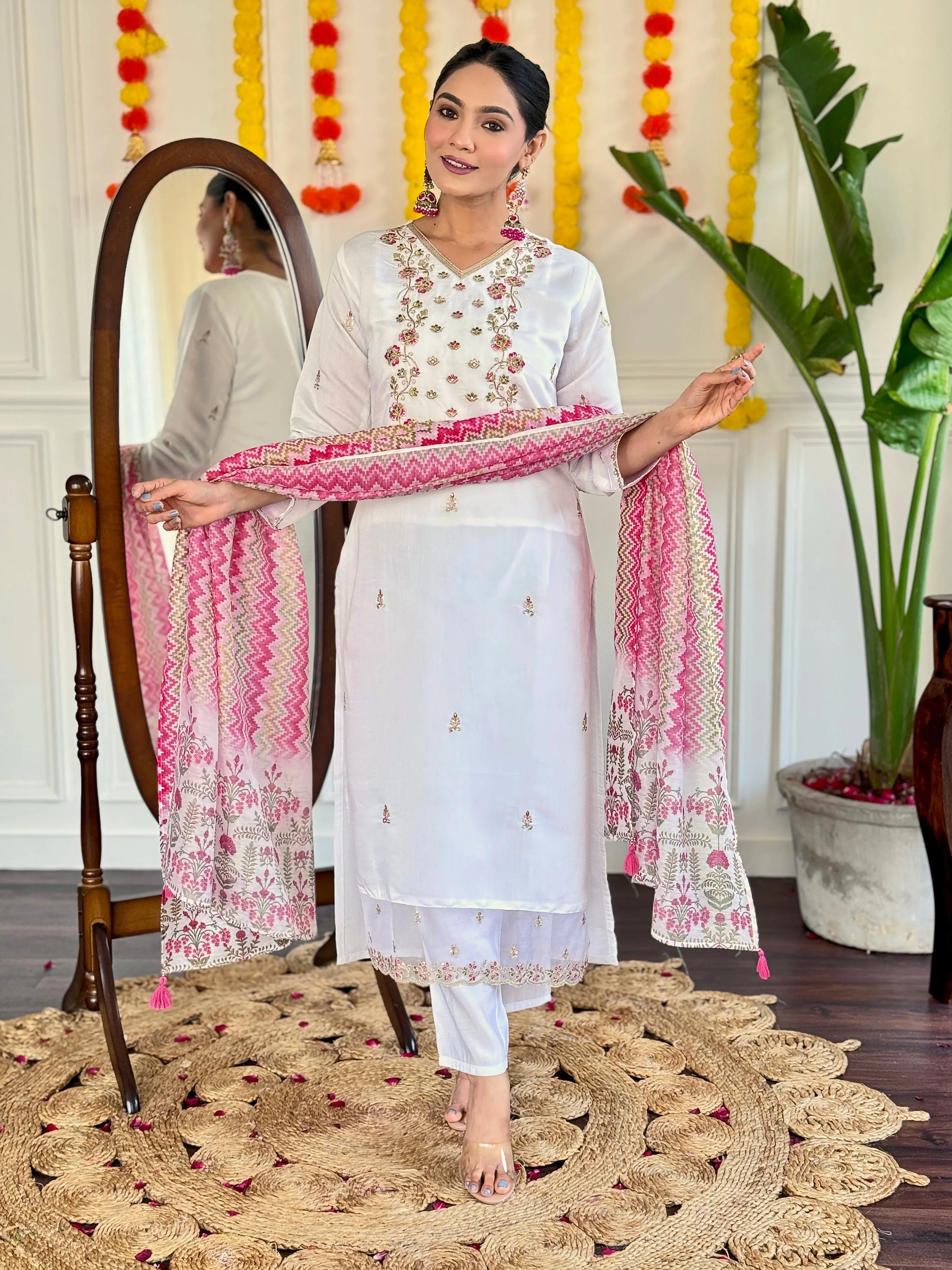 FRILLFIT : White Embroidered Kurta Set with Pink Printed Dupatta – Festive &amp; Party Wear for Women