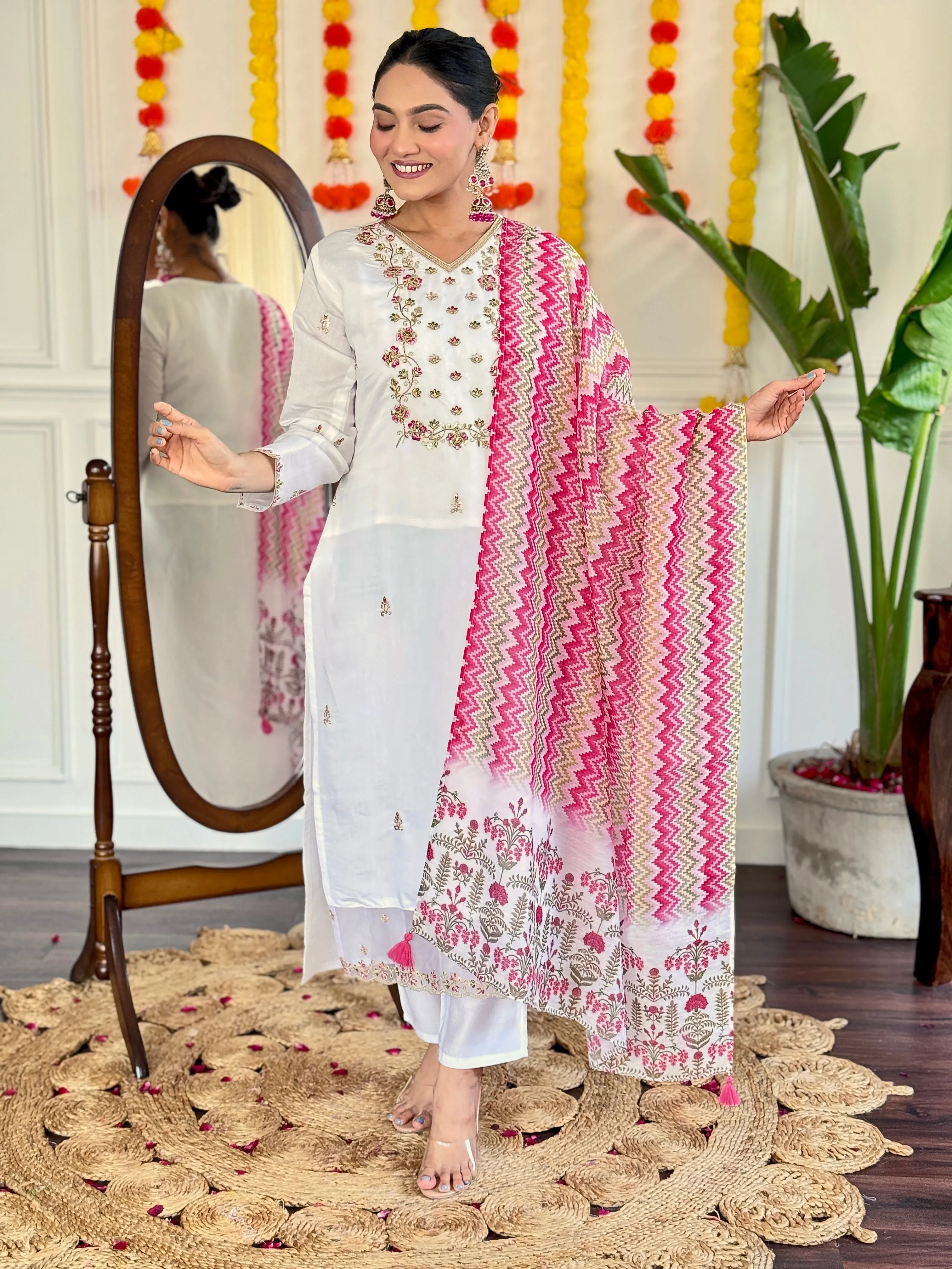 FRILLFIT : White Embroidered Kurta Set with Pink Printed Dupatta – Festive &amp; Party Wear for Women