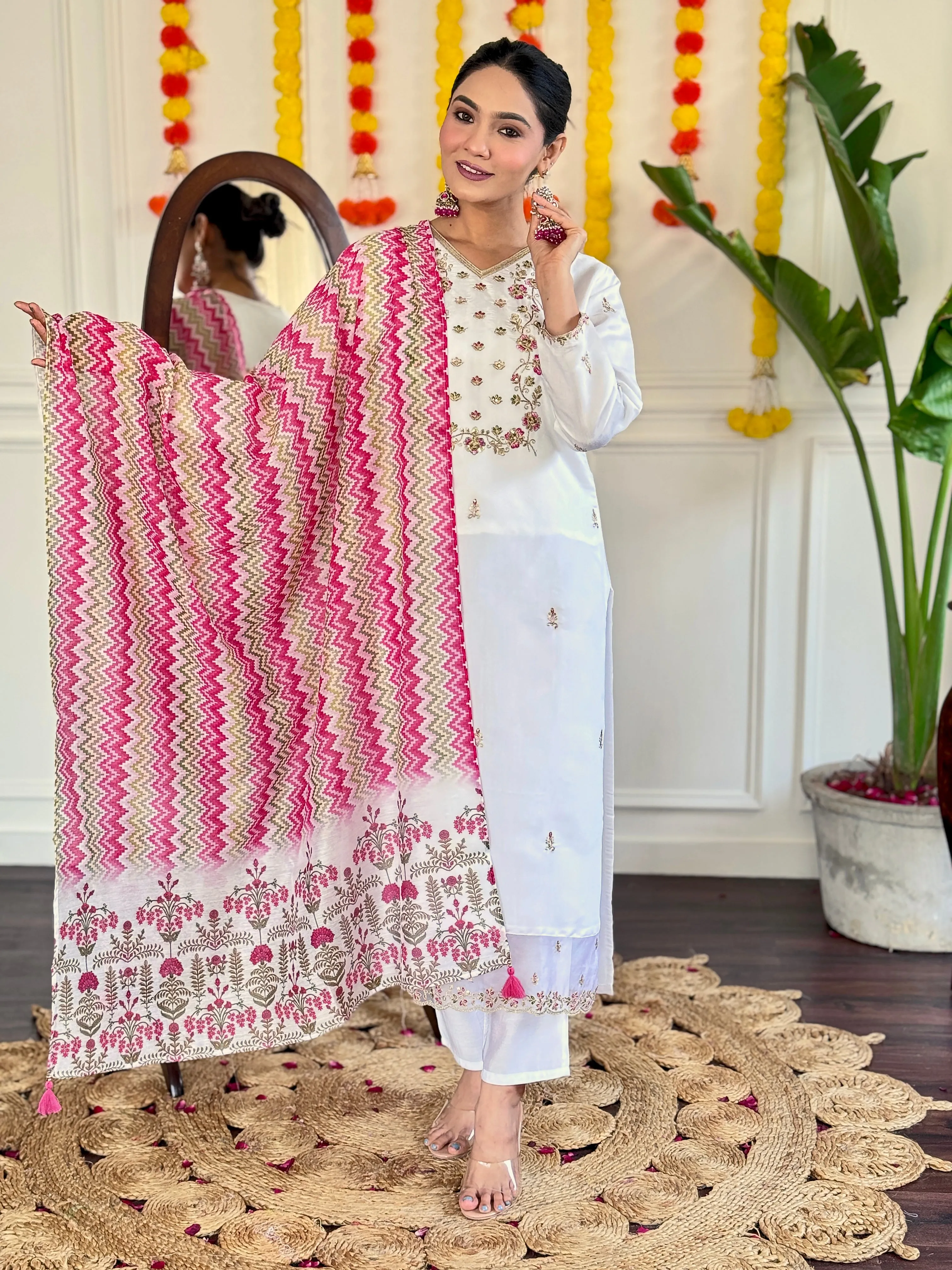 FRILLFIT : White Embroidered Kurta Set with Pink Printed Dupatta – Festive &amp; Party Wear for Women