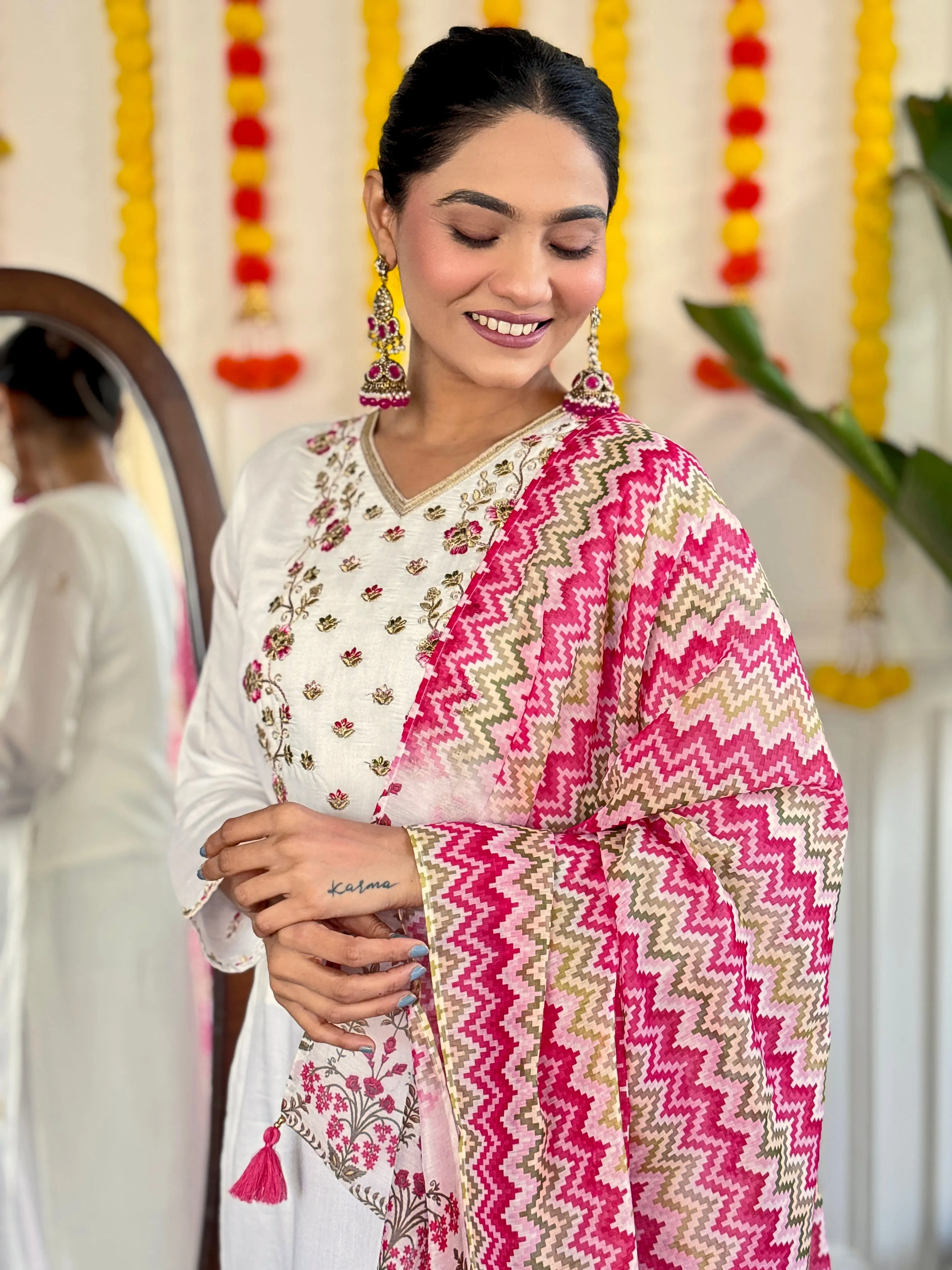FRILLFIT : White Embroidered Kurta Set with Pink Printed Dupatta – Festive &amp; Party Wear for Women