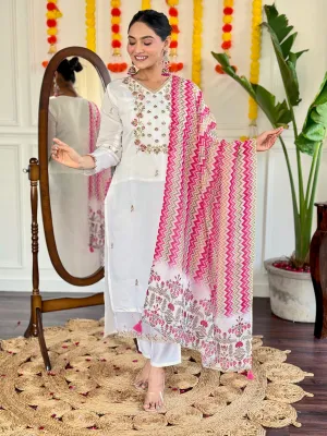 FRILLFIT : White Embroidered Kurta Set with Pink Printed Dupatta – Festive &amp; Party Wear for Women