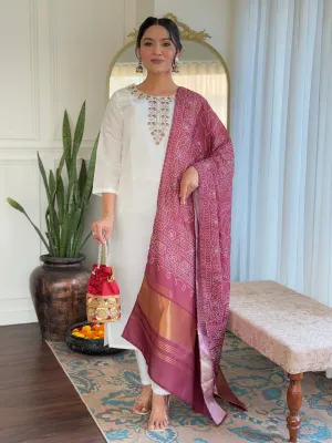 FRILLFIT : White Kurta Set with Maroon Warli Print Dupatta – Festive &amp; Ethnic Wear for Women