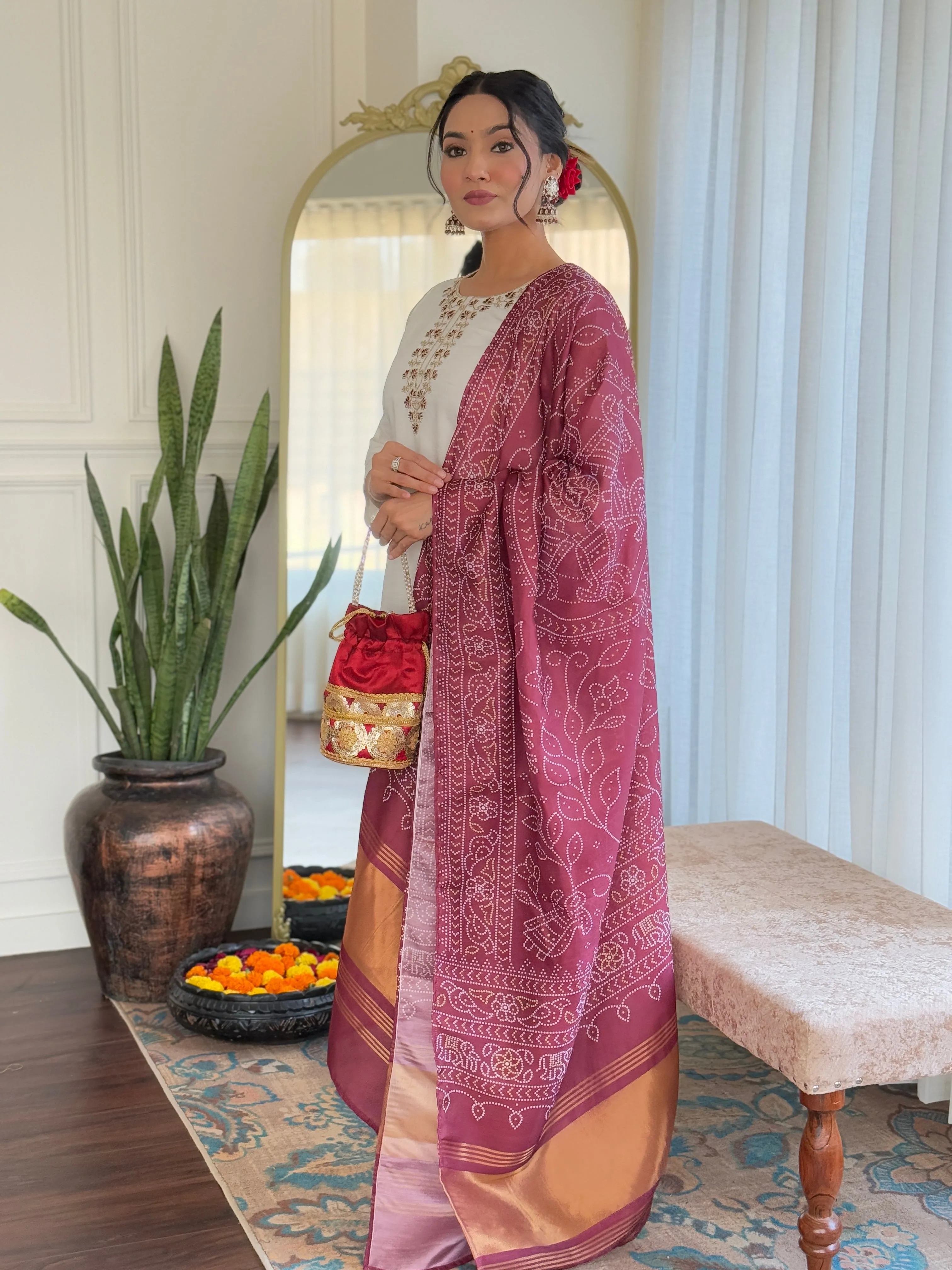 FRILLFIT : White Kurta Set with Maroon Warli Print Dupatta – Festive &amp; Ethnic Wear for Women