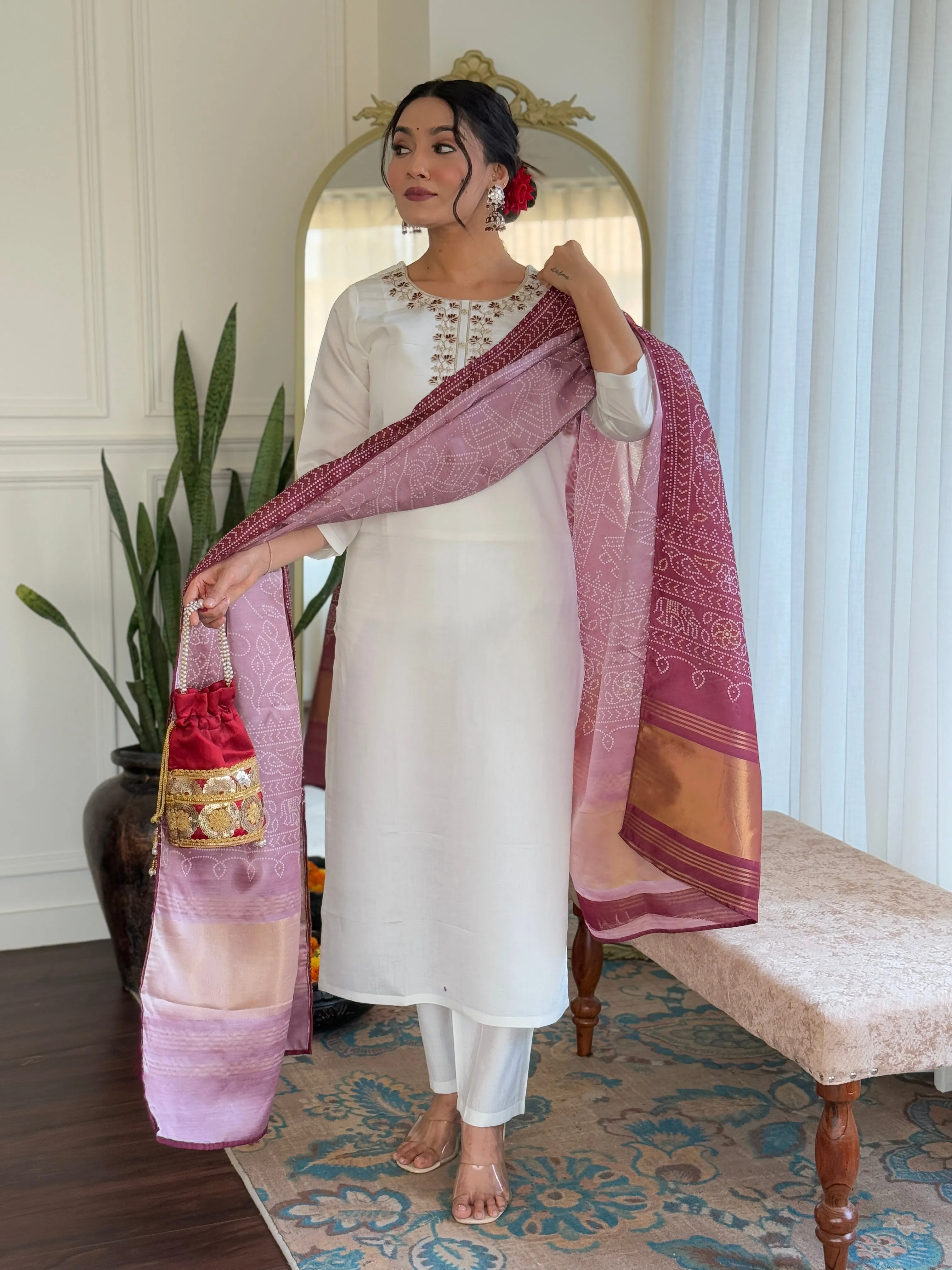 FRILLFIT : White Kurta Set with Maroon Warli Print Dupatta – Festive &amp; Ethnic Wear for Women