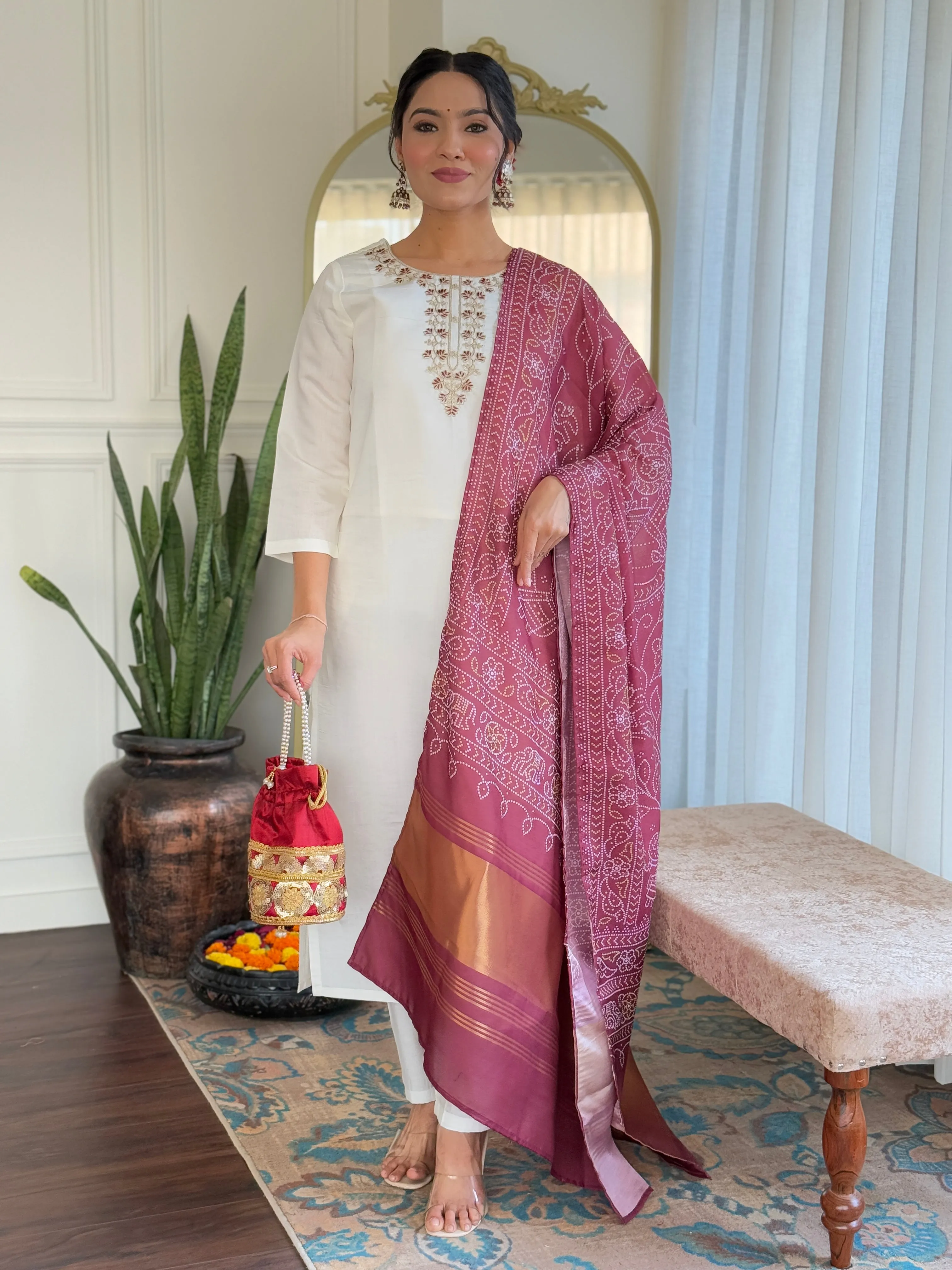 FRILLFIT : White Kurta Set with Maroon Warli Print Dupatta – Festive &amp; Ethnic Wear for Women