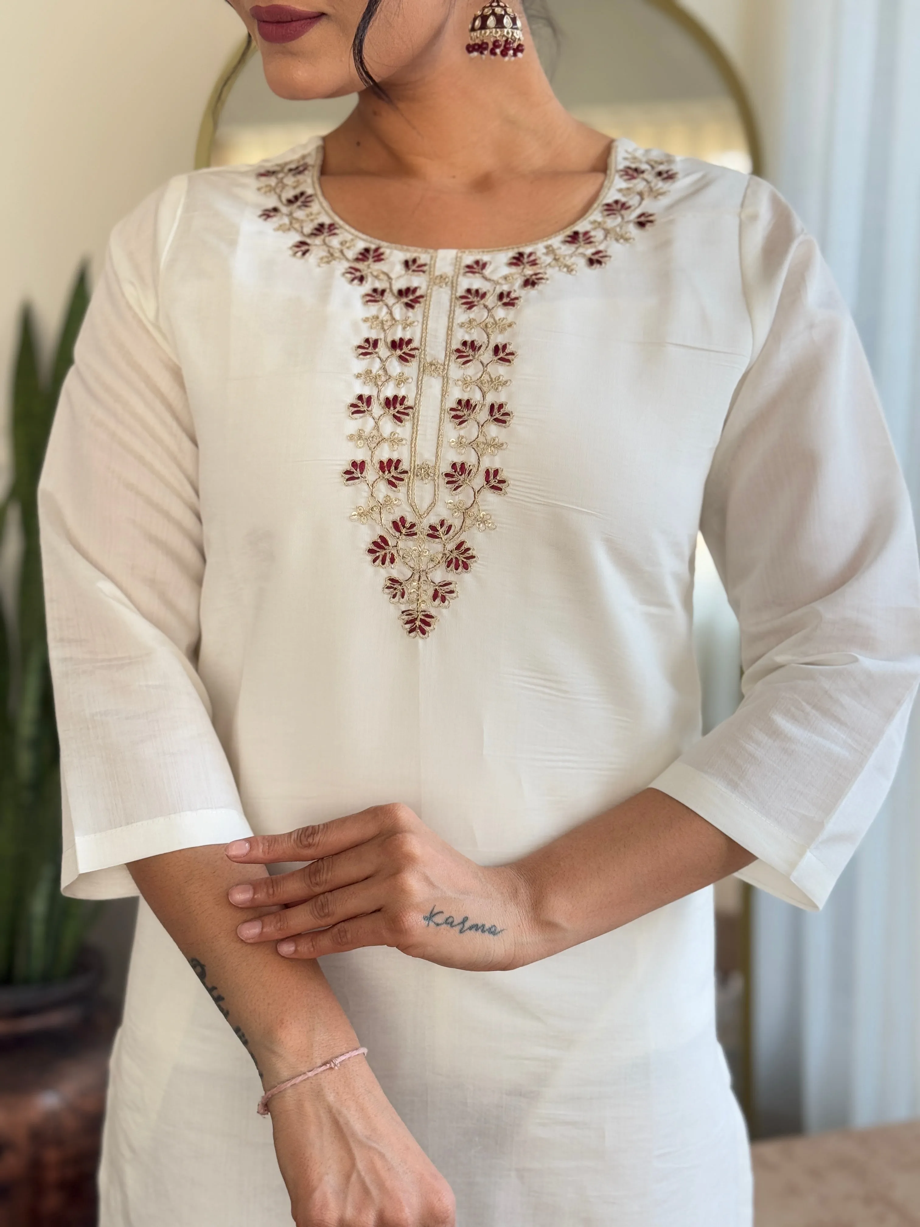 FRILLFIT : White Kurta Set with Maroon Warli Print Dupatta – Festive &amp; Ethnic Wear for Women