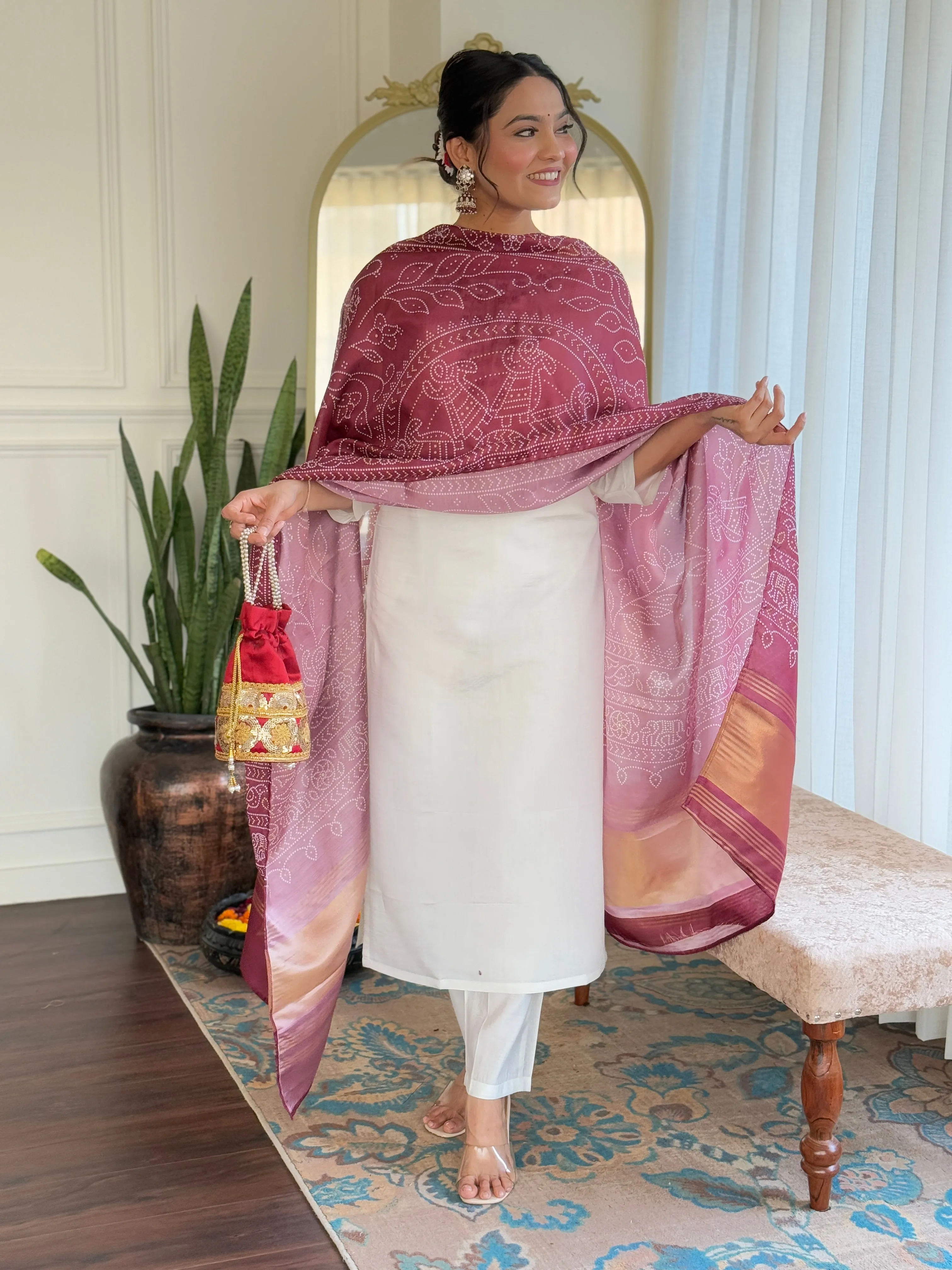 FRILLFIT : White Kurta Set with Maroon Warli Print Dupatta – Festive &amp; Ethnic Wear for Women