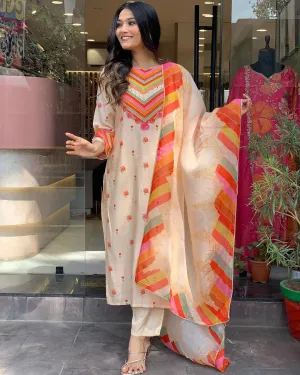 FRILLFIT Women's Natural CrepeKurta Pant Set with Tabby Silk Digital Print Dupatta