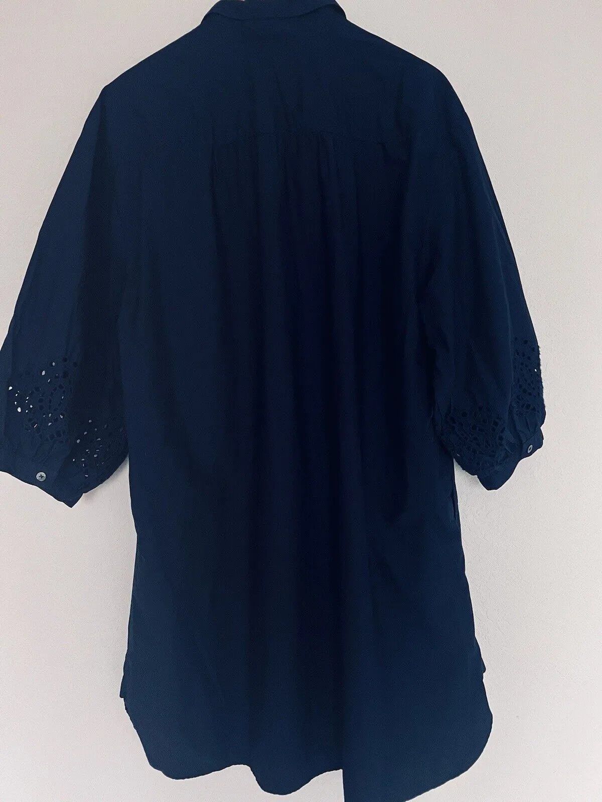 GAP Eyelet Shirt Dress Sz XL Navy Blue 100% Cotton Crochet Tie Pockets Boho