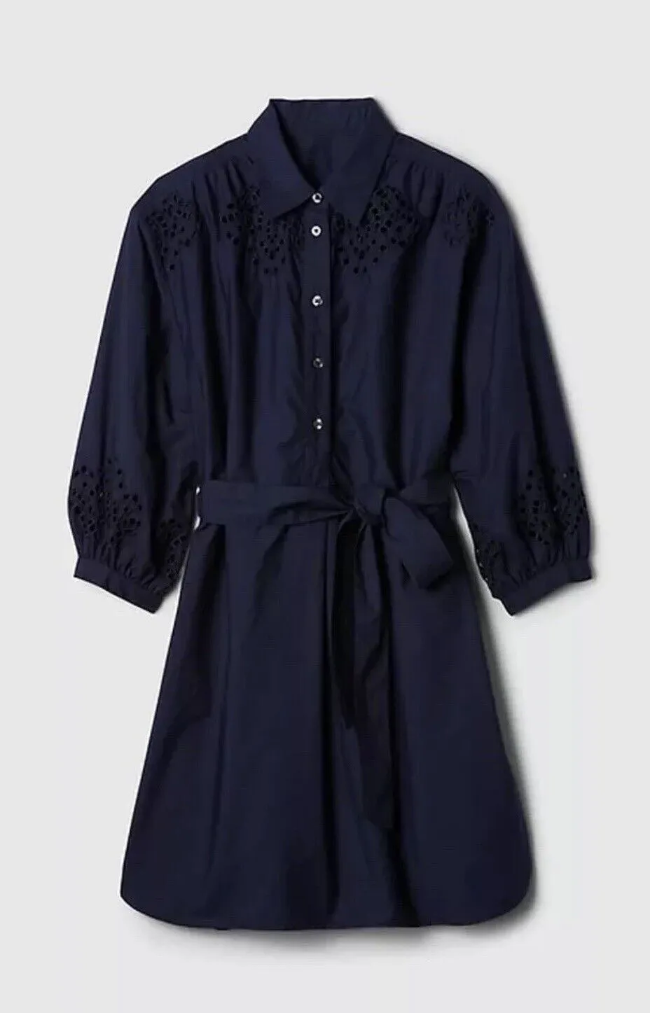 GAP Eyelet Shirt Dress Sz XL Navy Blue 100% Cotton Crochet Tie Pockets Boho