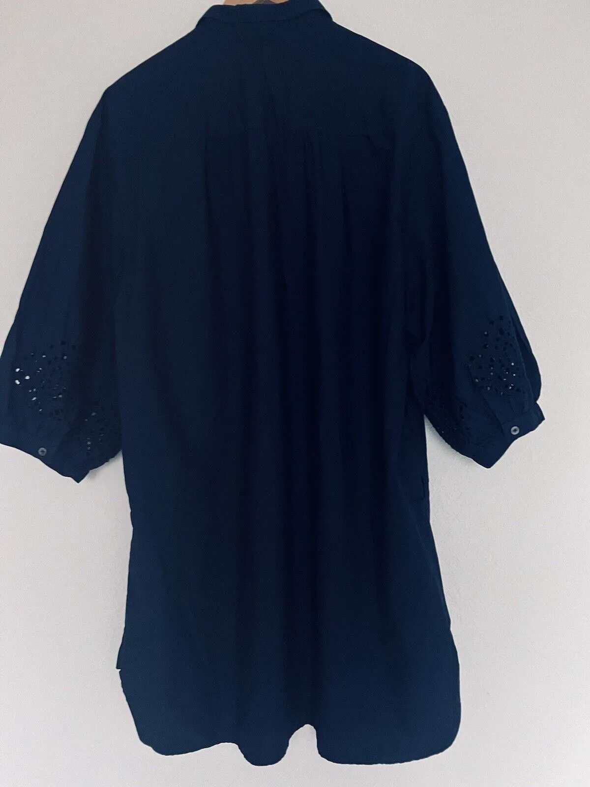 GAP Eyelet Shirt Dress Sz XL Navy Blue 100% Cotton Crochet Tie Pockets Boho