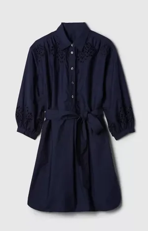GAP Eyelet Shirt Dress Sz XL Navy Blue 100% Cotton Crochet Tie Pockets Boho