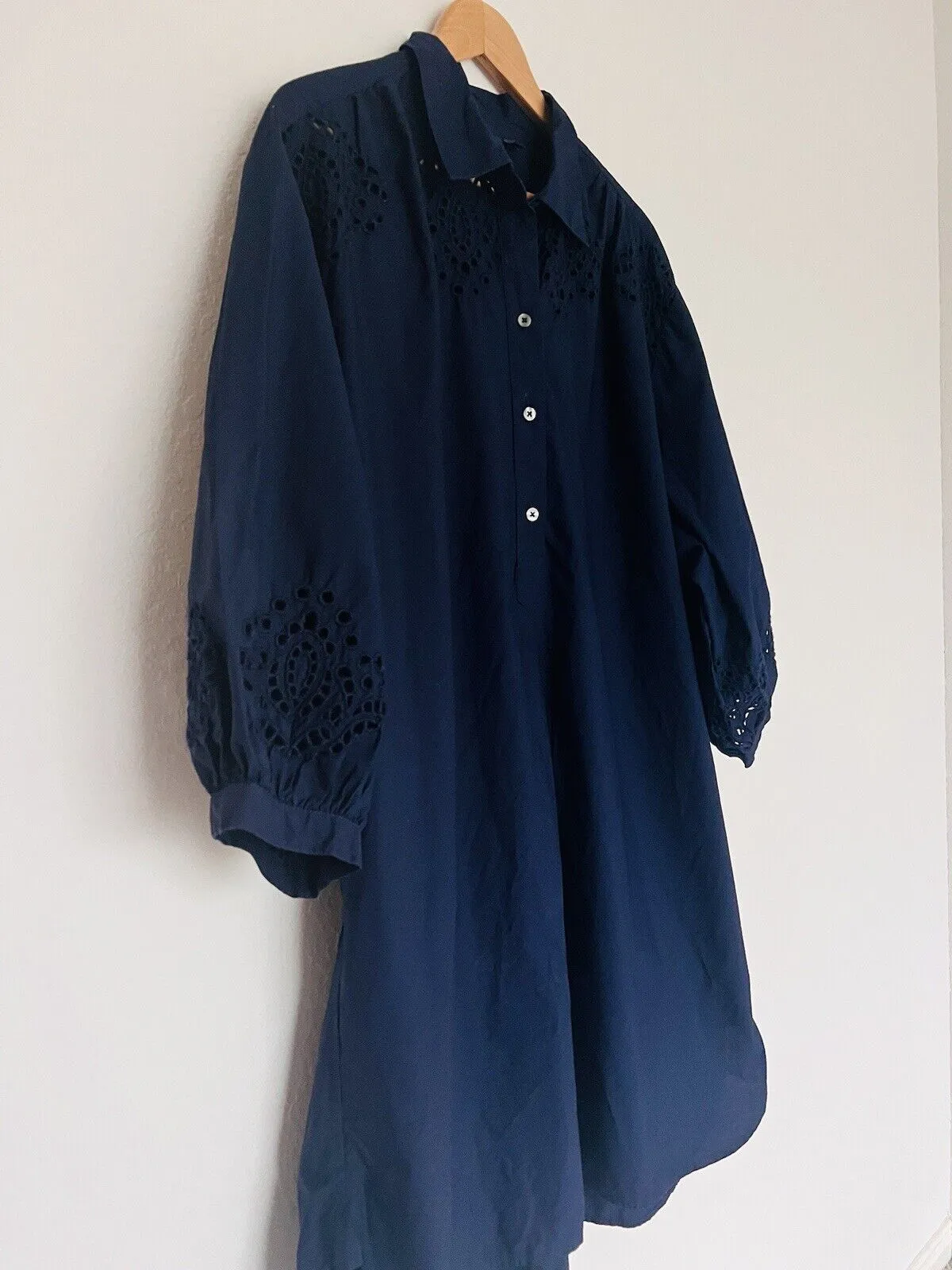GAP Eyelet Shirt Dress Sz XL Navy Blue 100% Cotton Crochet Tie Pockets Boho