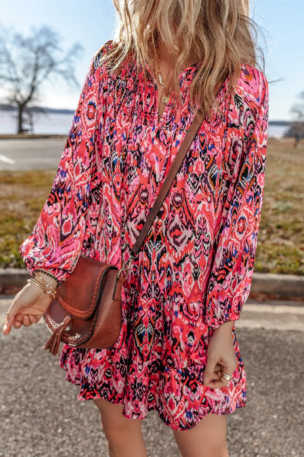 Geometric Print Mini Dress with Tassel Tie Neck and Ruffles