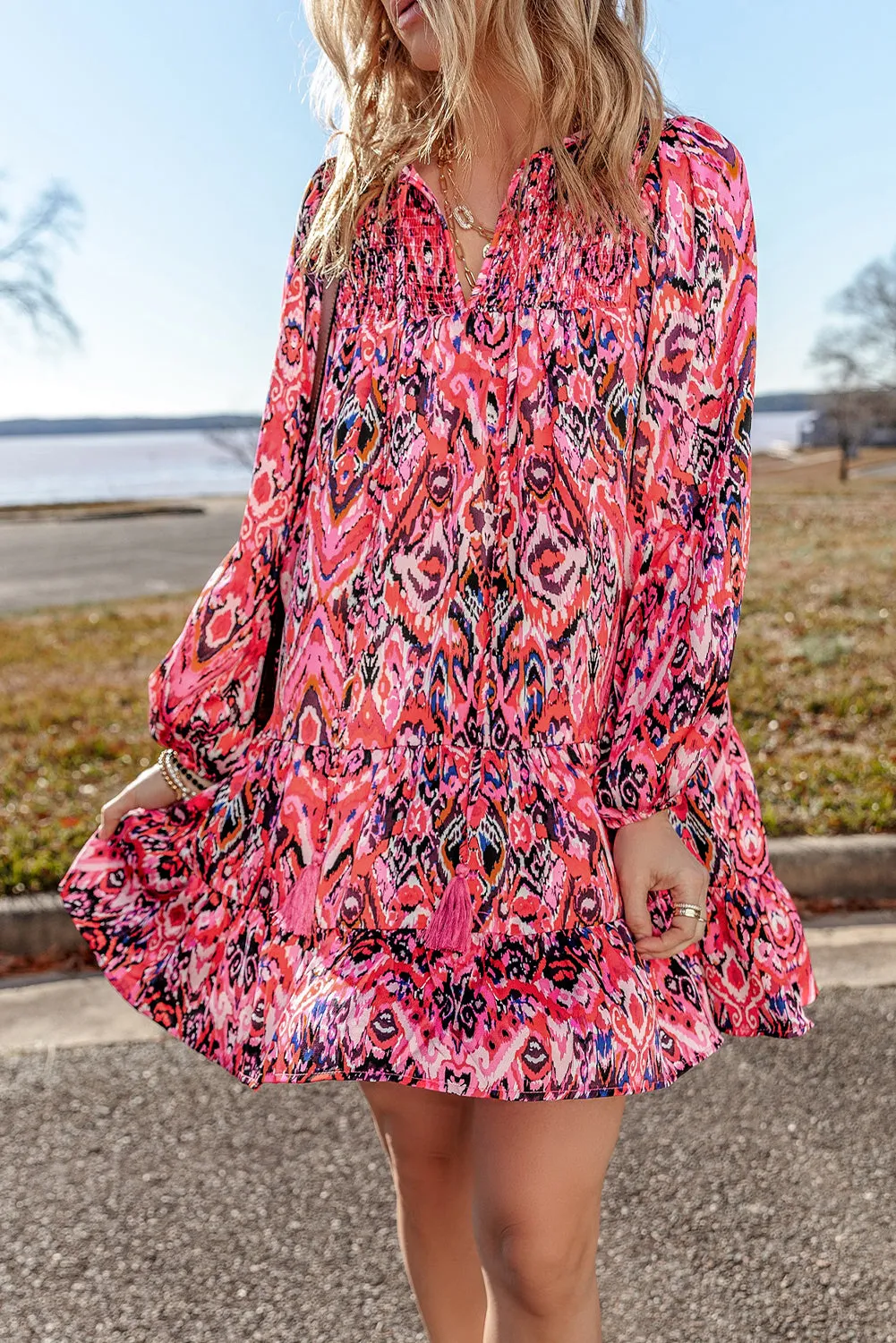 Geometric Print Mini Dress with Tassel Tie Neck and Ruffles