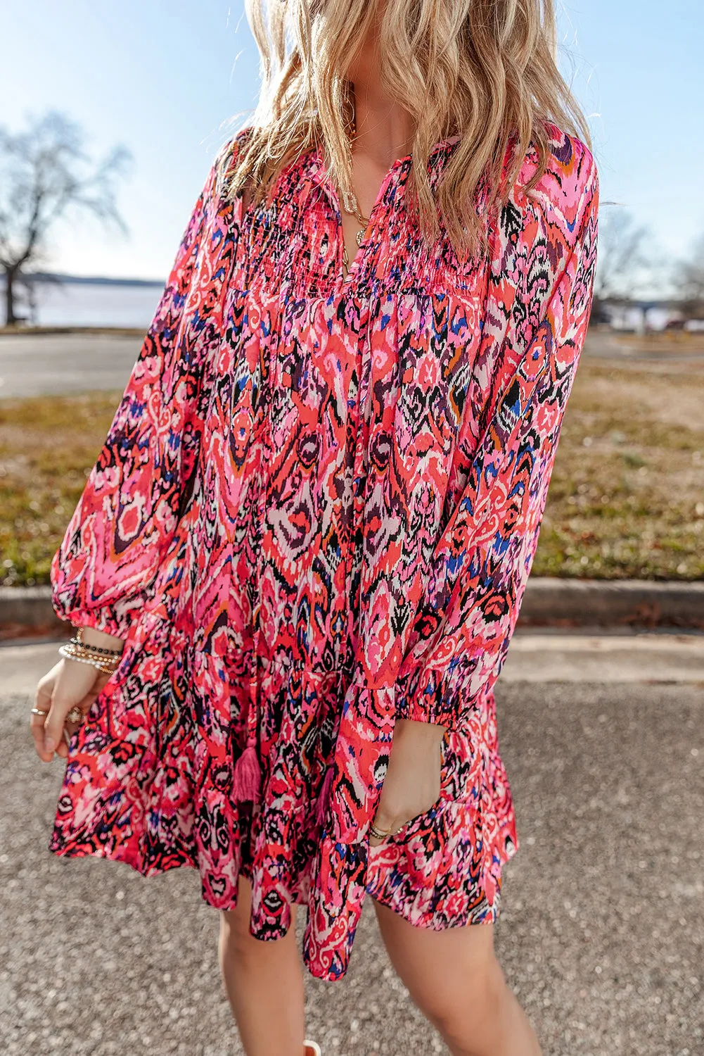 Geometric Print Mini Dress with Tassel Tie Neck and Ruffles