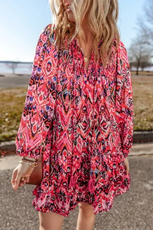 Geometric Print Mini Dress with Tassel Tie Neck and Ruffles