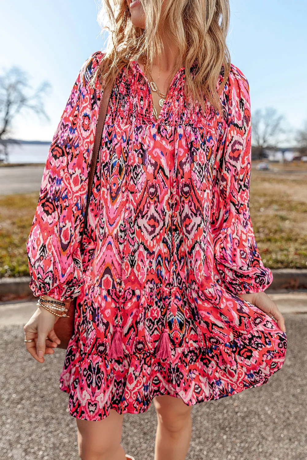Geometric Print Mini Dress with Tassel Tie Neck and Ruffles