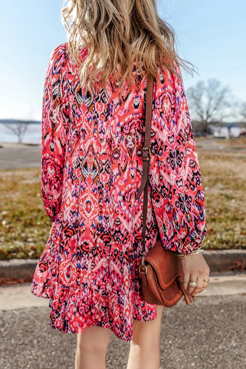 Geometric Print Mini Dress with Tassel Tie Neck and Ruffles