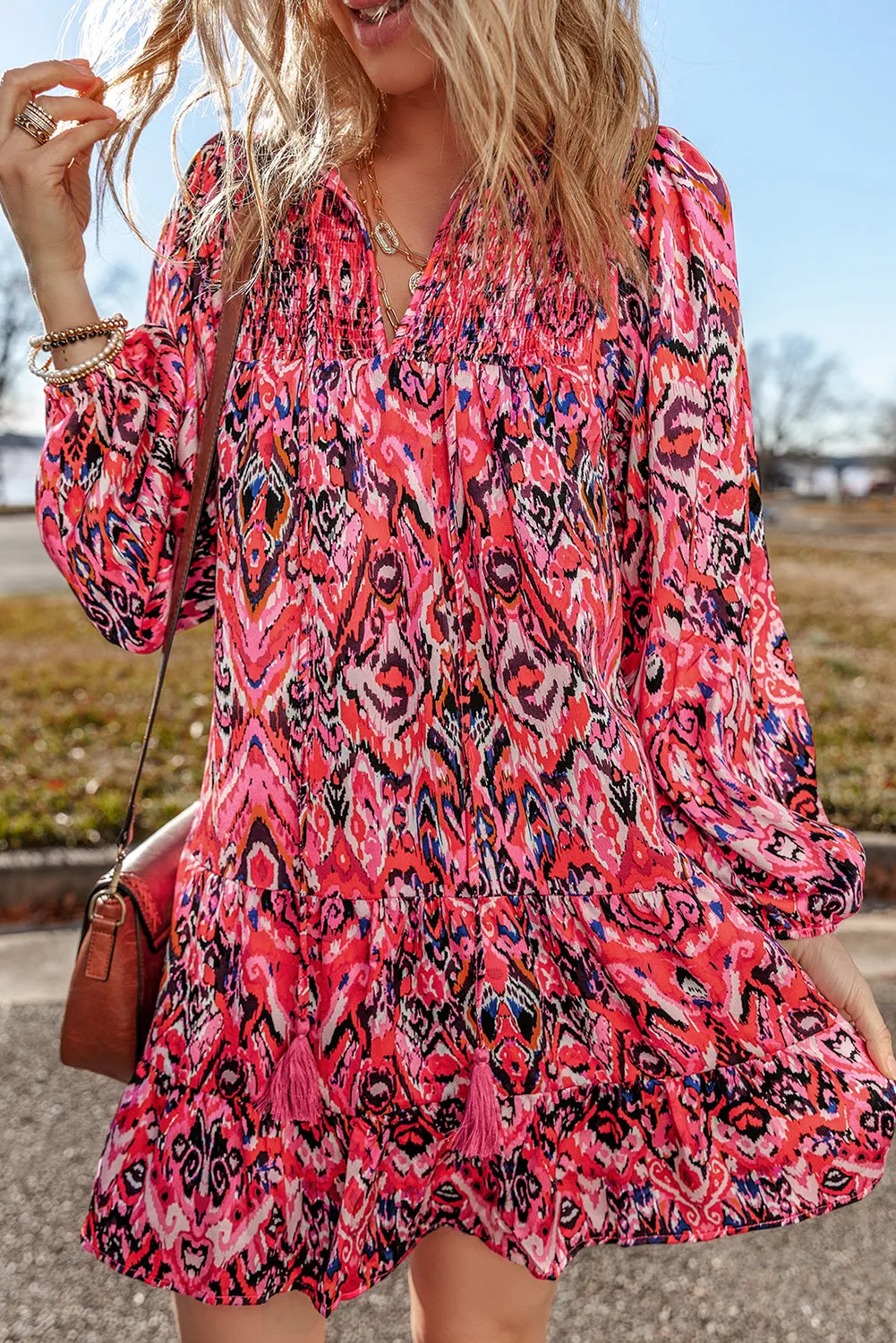 Geometric Print Mini Dress with Tassel Tie Neck and Ruffles