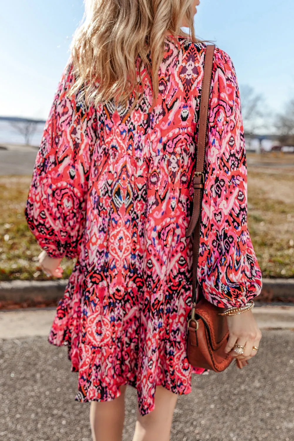 Geometric Print Mini Dress with Tassel Tie Neck and Ruffles