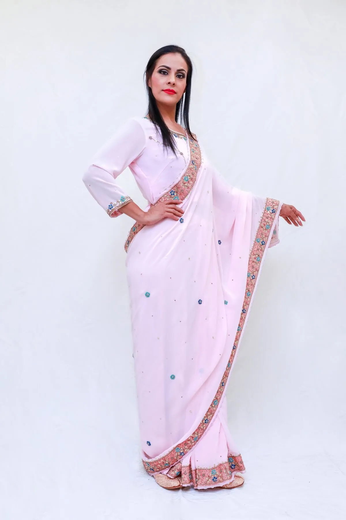 Georgette Hand Embroidery Sari (Saree) with Crystals