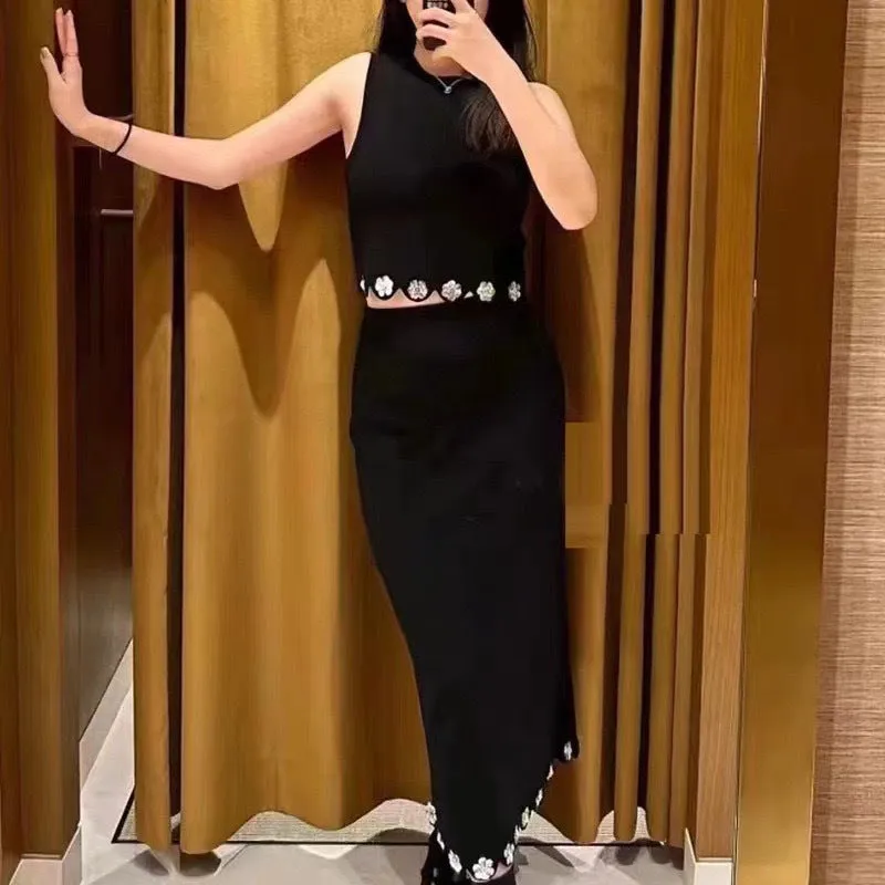Glamorous Flower Sequined Vest Top and Slit Skirt Two-Piece Set