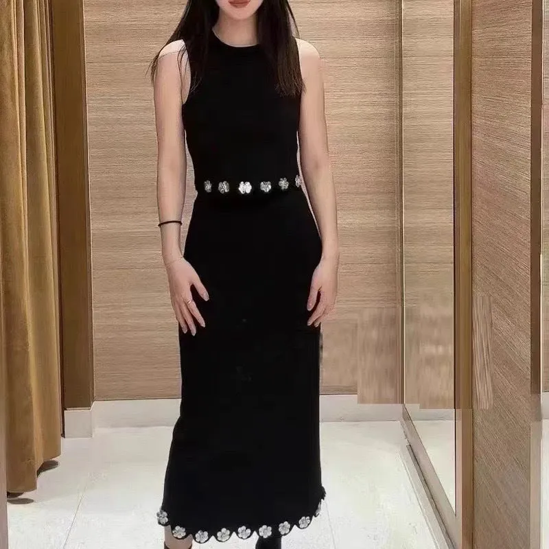Glamorous Flower Sequined Vest Top and Slit Skirt Two-Piece Set