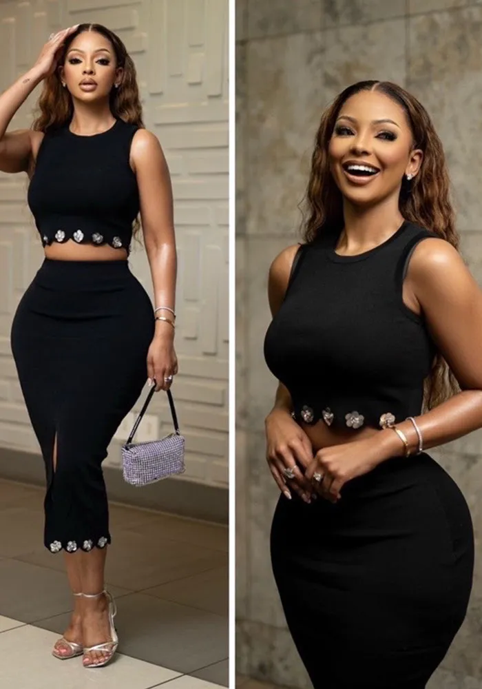 Glamorous Flower Sequined Vest Top and Slit Skirt Two-Piece Set